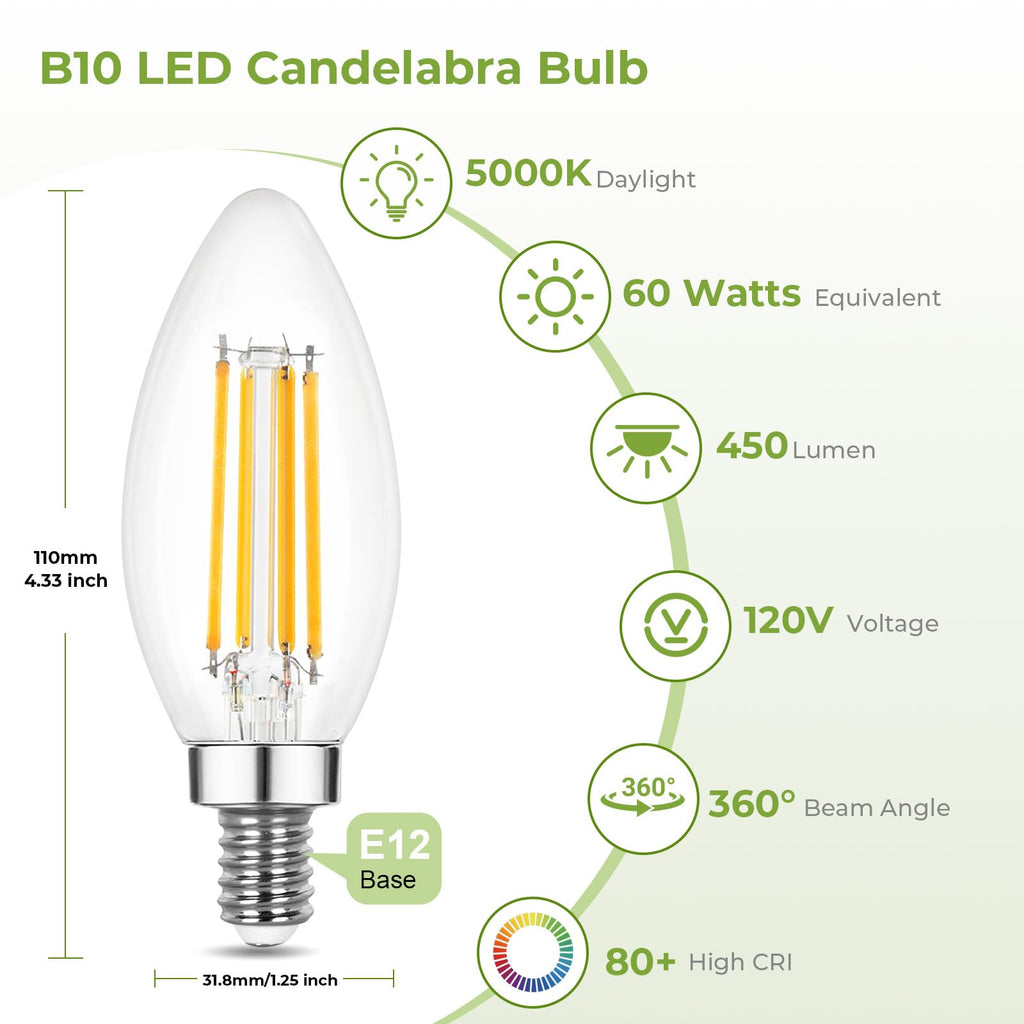 Sigalux Dimmable LED Candelabra Bulb 60W Equivalent, E12 LED Light Bulbs 5000K Daylight White, B10 Candle Bulb for Chandelier, 5W, 450LM, 6 Pack image 2