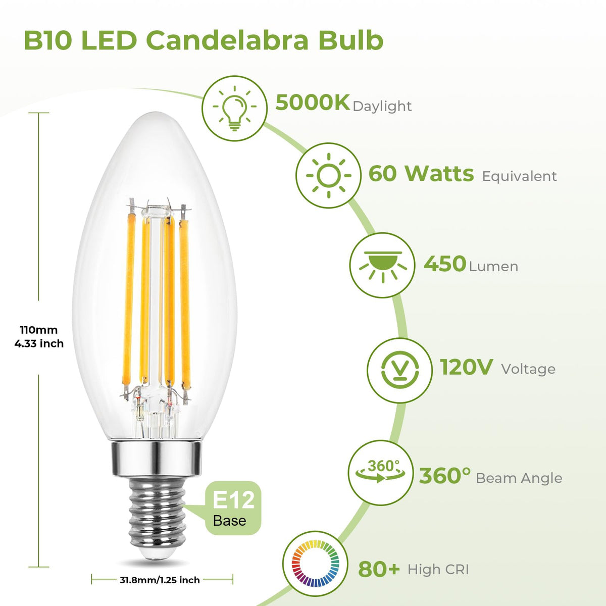 Sigalux Dimmable LED Candelabra Bulb 60W Equivalent, E12 LED Light Bulbs 5000K Daylight White, B10 Candle Bulb for Chandelier, 5W, 450LM, 6 Pack image 2