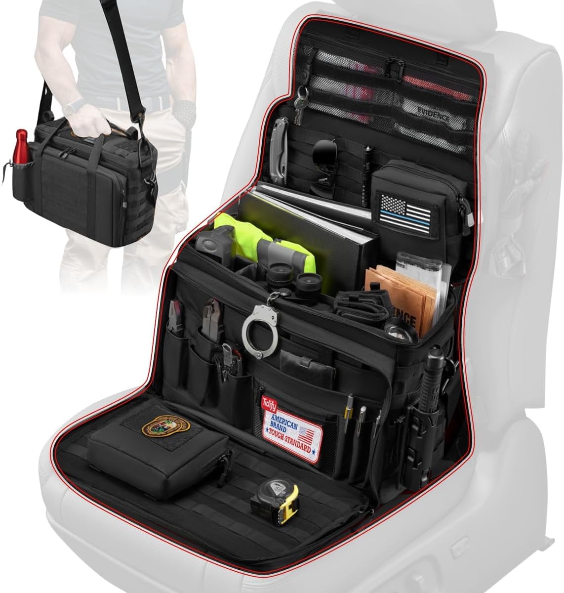 Tidify water-resistant patrol duty bag on car front seat showing multiple compartments