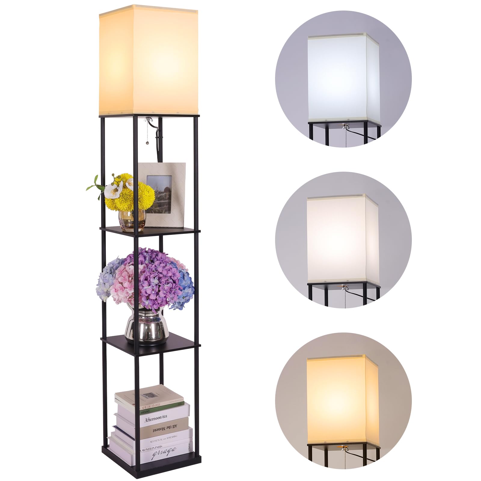 Black Gupuzm square floor lamp with three shelves and illuminated bulb in a living room corner