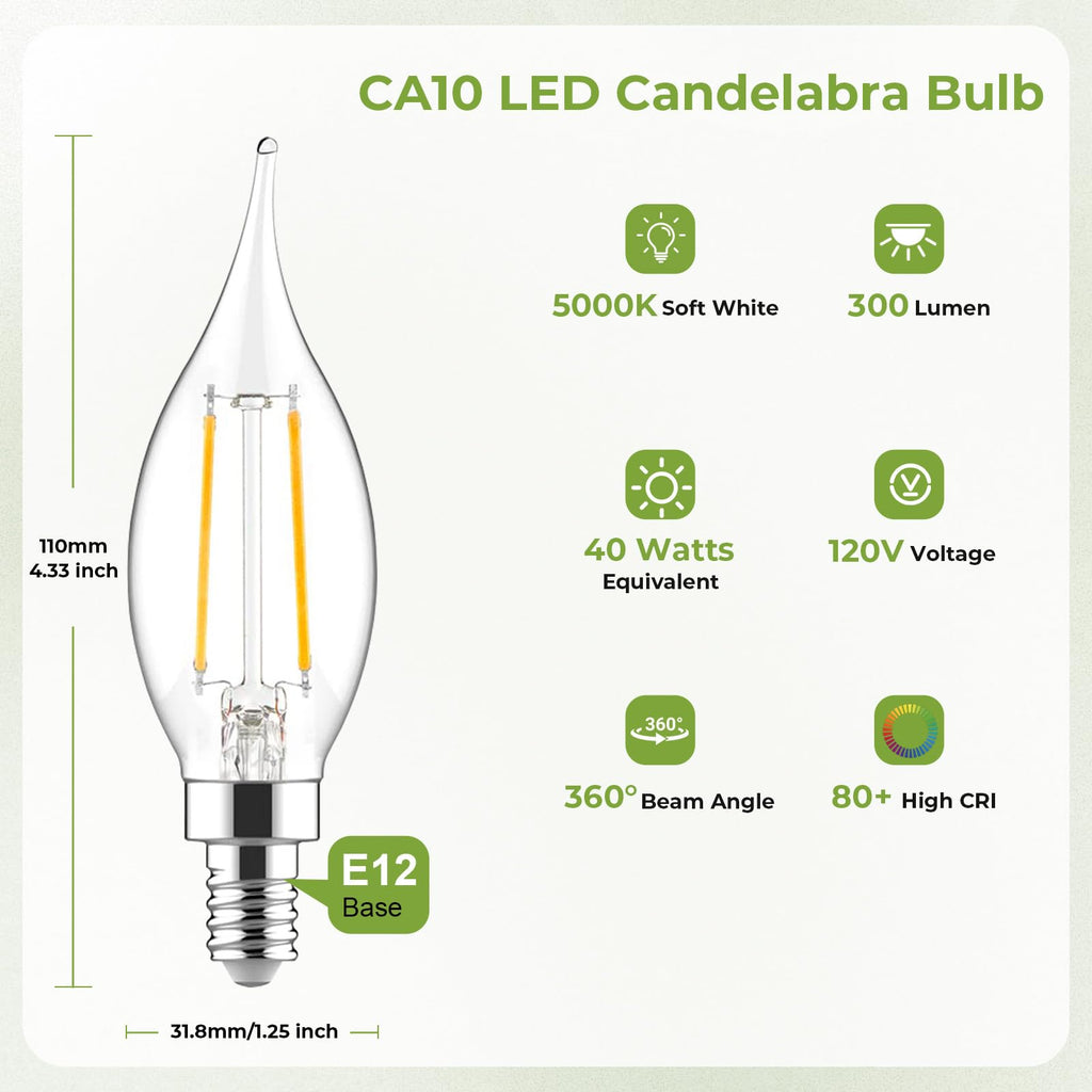 iGalux E12 LED Candelabra Bulbs 6-Pack | 40W Equivalent, Dimmable, 5000K Daylight White, 300LM, CA10 Candle Shape for Chandelier & Ceiling Fan image 2