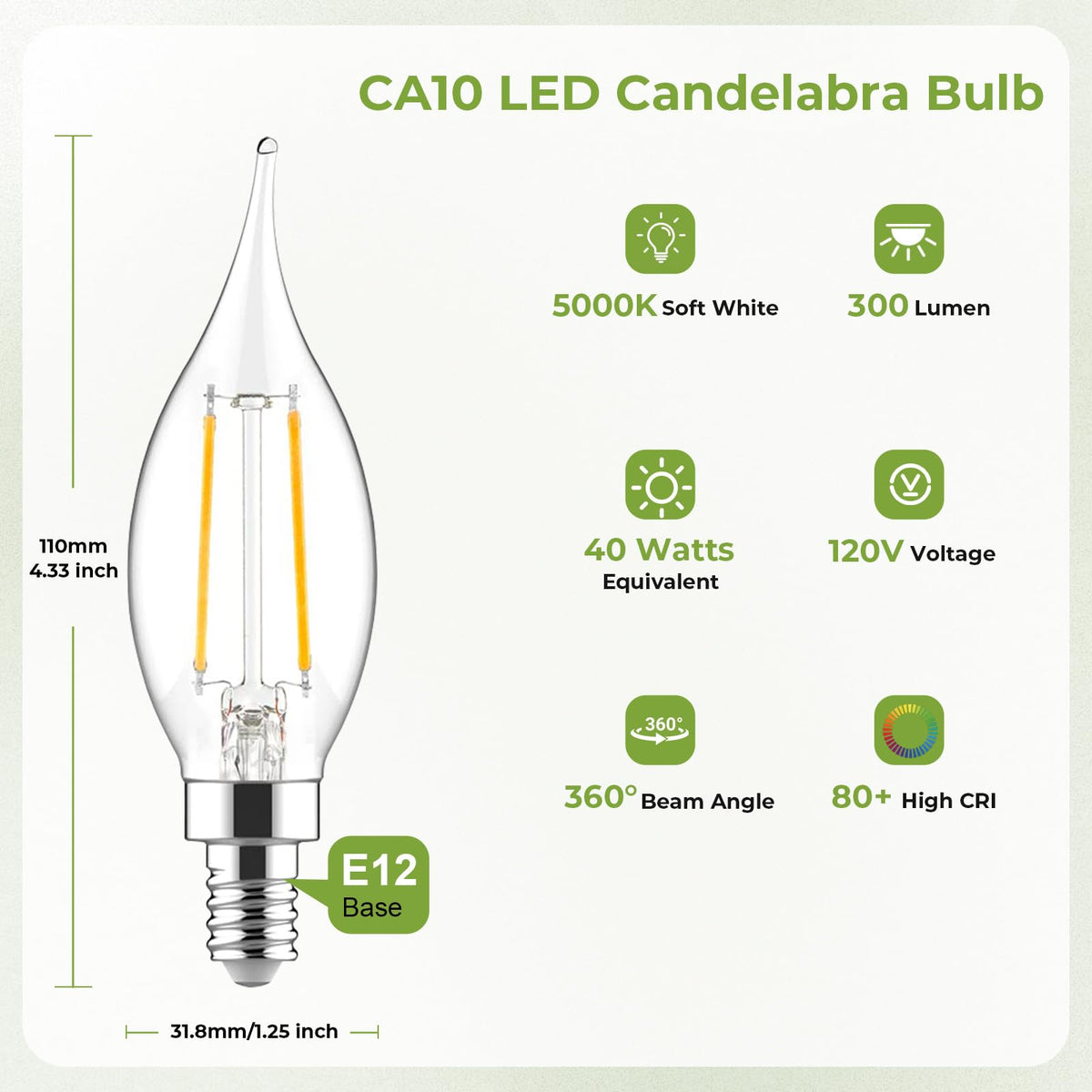 iGalux E12 LED Candelabra Bulbs 6-Pack | 40W Equivalent, Dimmable, 5000K Daylight White, 300LM, CA10 Candle Shape for Chandelier & Ceiling Fan image 2