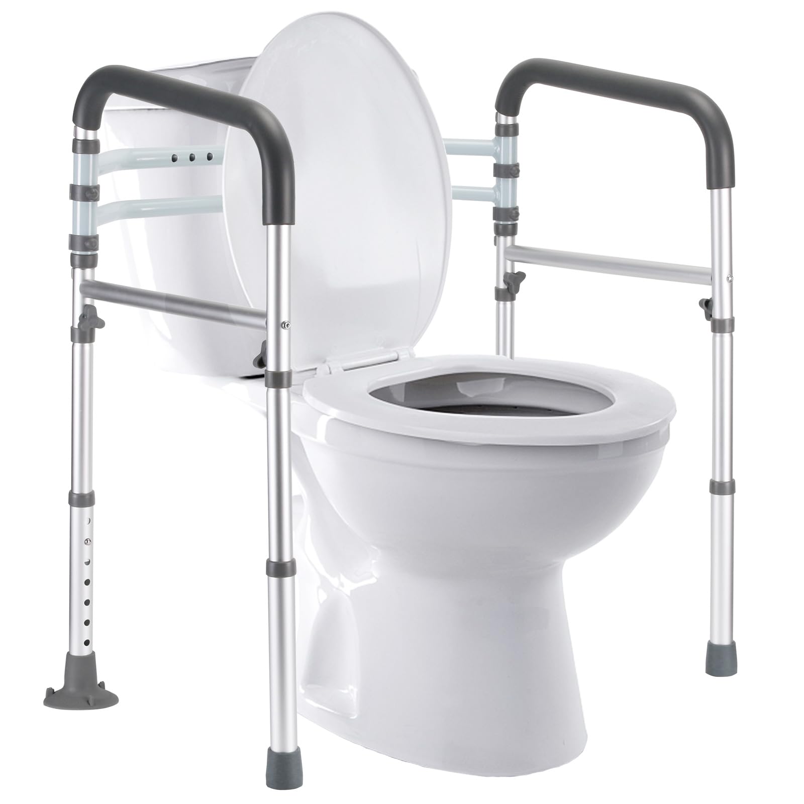 lianjindun adjustable toilet safety rail installed beside a toilet, metal frame and padded armrests