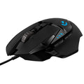 Black Logitech G502 Hero wired gaming mouse on white background
