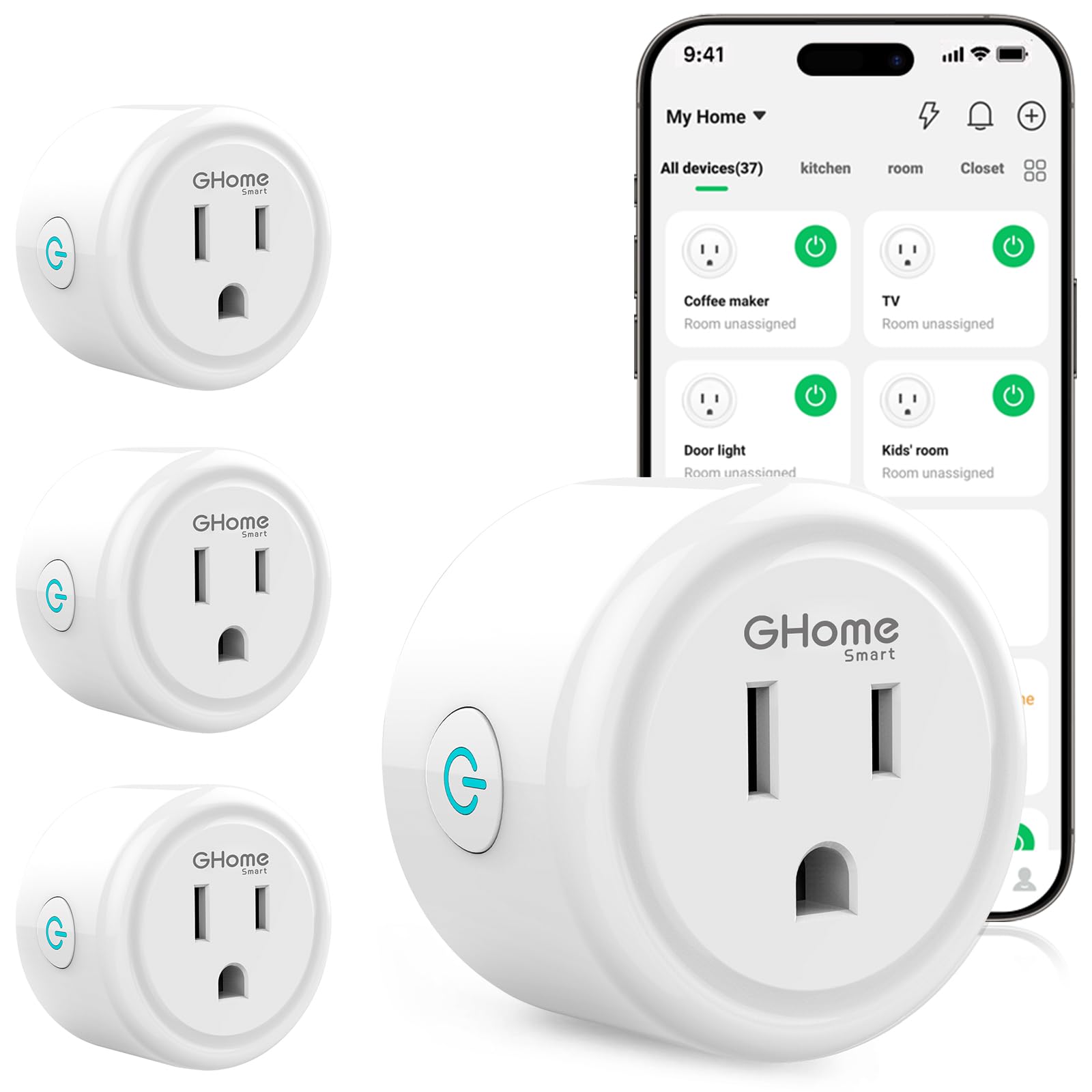 GHome Smart WiFi plug plugged into wall outlet, LED indicator lit