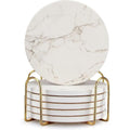 Six white marble ceramic drink coasters with holder on table