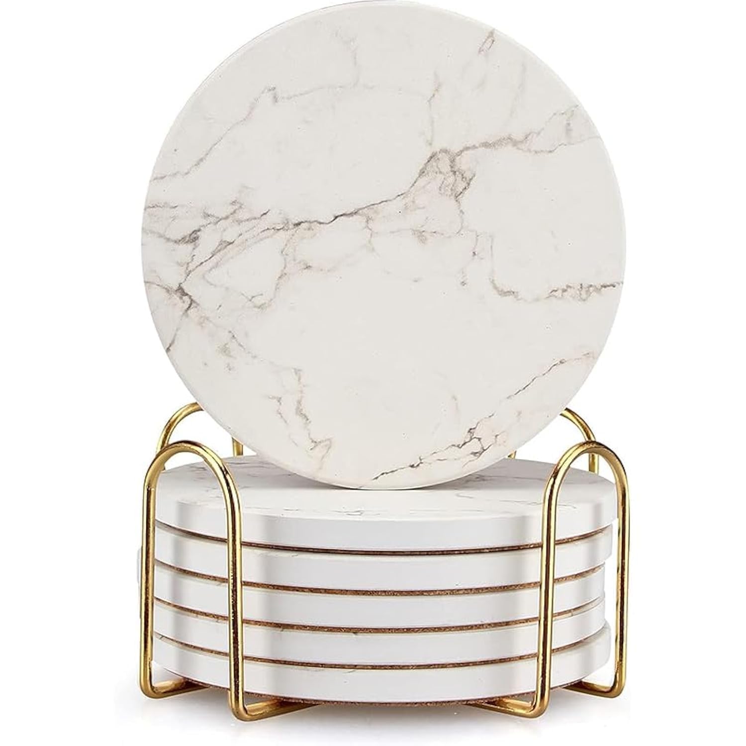 Six white marble ceramic drink coasters with holder on table