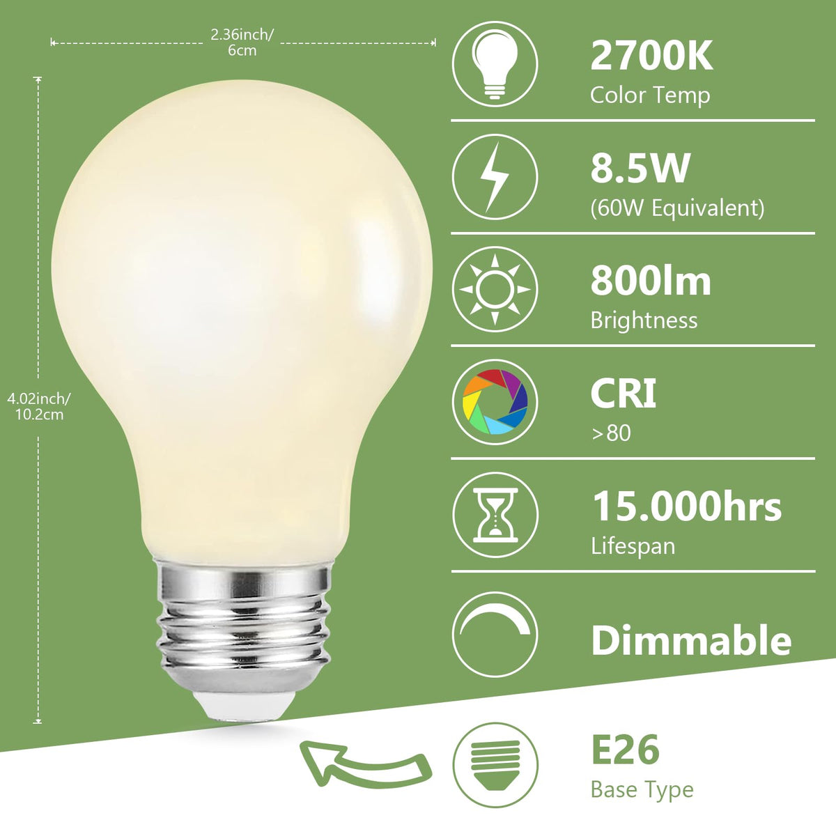 8.5W (60W Replacement), 800LM, 2700K Soft White, Dimmable, E26 Medium Base, Pack of 6 for Home and Office image 2