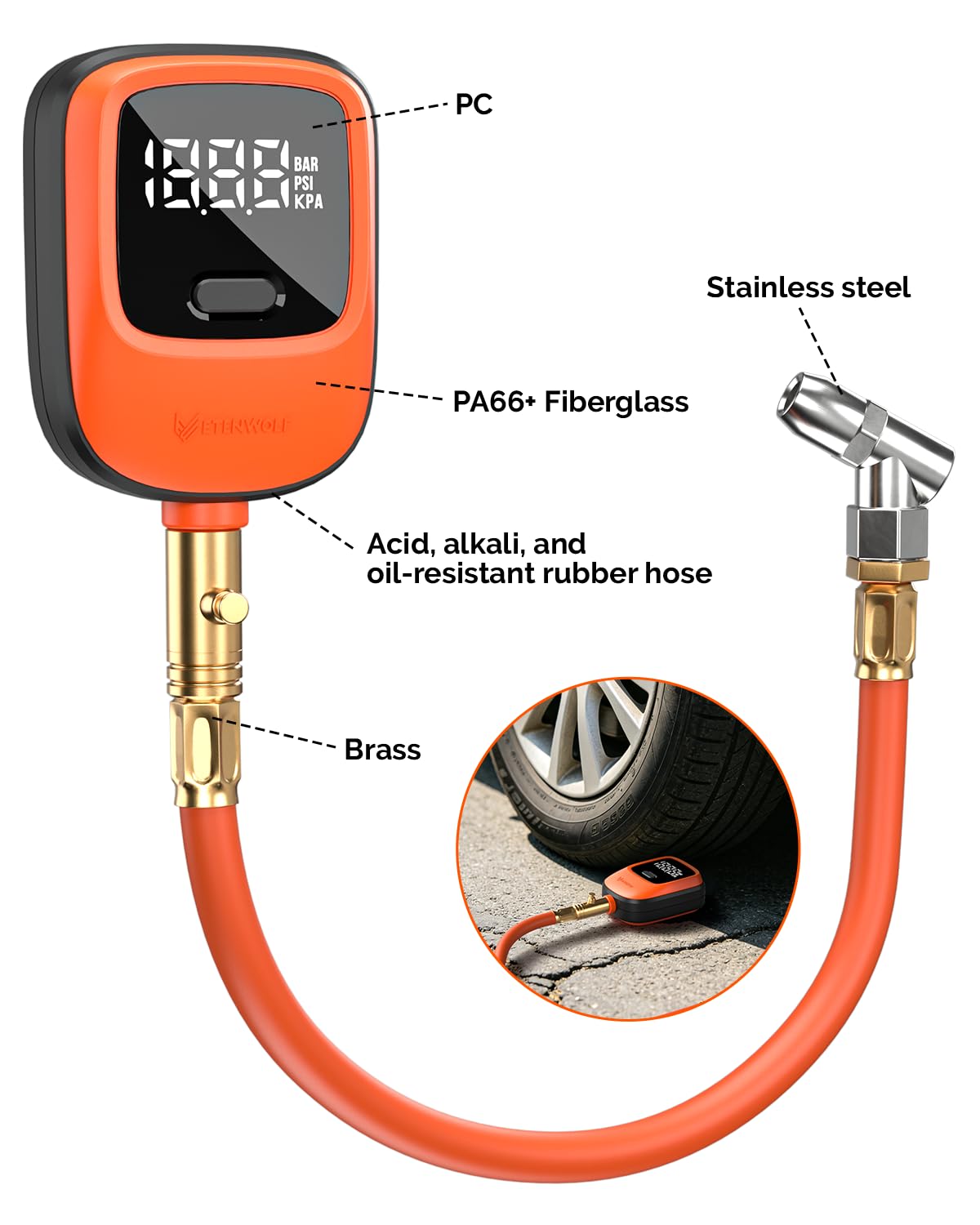 ETENWOLF T600 Digital Tire Pressure Gauge 250 PSI with Rubber Hose, Orange image 7