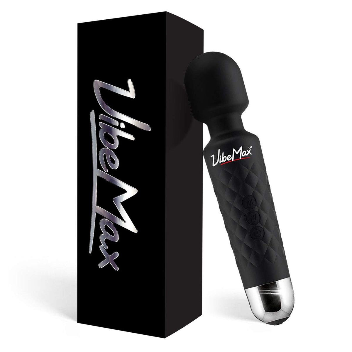 Black VibeMax rechargeable handheld massager on white background