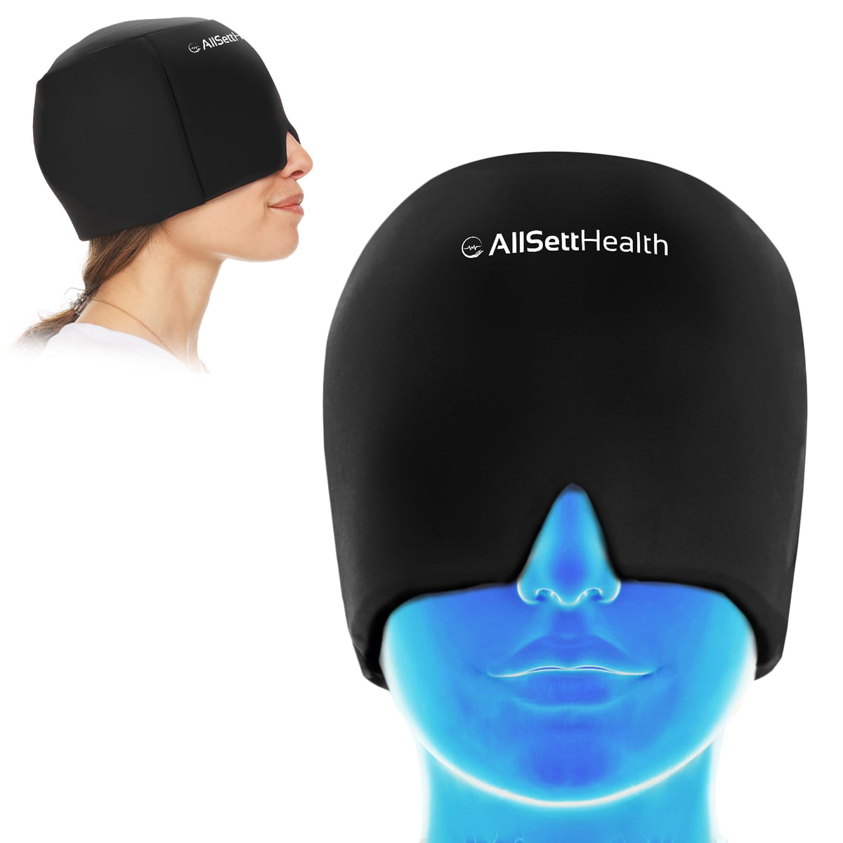 AllSett Health migraine relief ice cap head wrap covering eyes and forehead