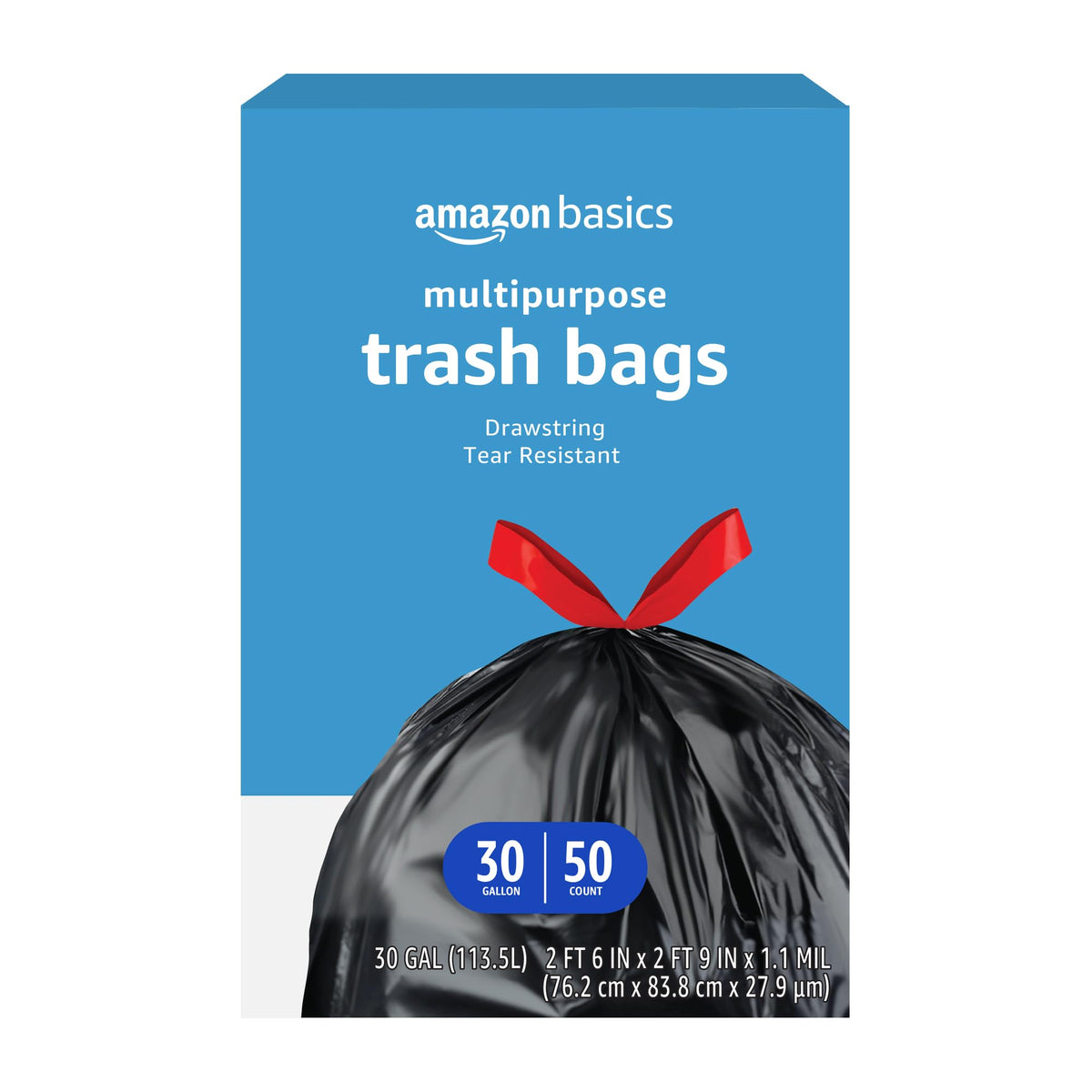 Roll of Amazon Basics 30 gallon drawstring trash bags