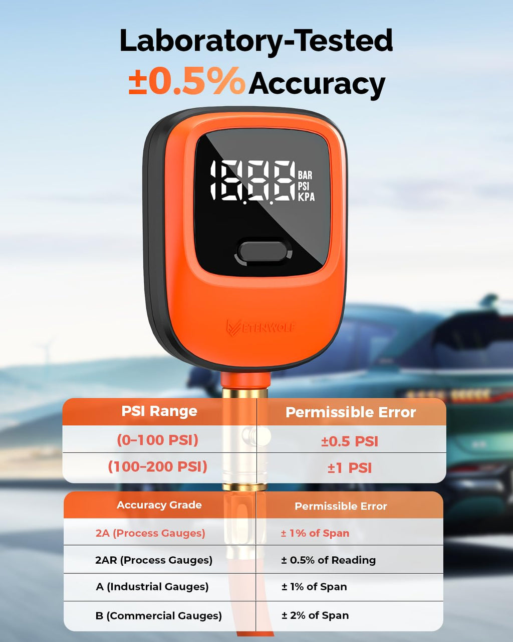 ETENWOLF T600 Digital Tire Pressure Gauge 250 PSI with Rubber Hose, Orange image 2