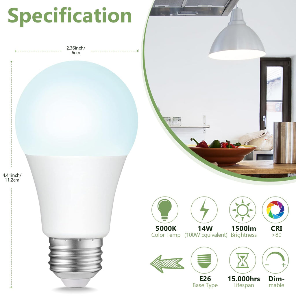Sigalux A19 100W Equivalent LED Bulbs, Daylight 5000K 1500LM, Dimmable E26 Base LED Light Bulbs, Energy Efficient 14W, 15000 Hour Lifespan for Home Lighting, 8 Pack image 2