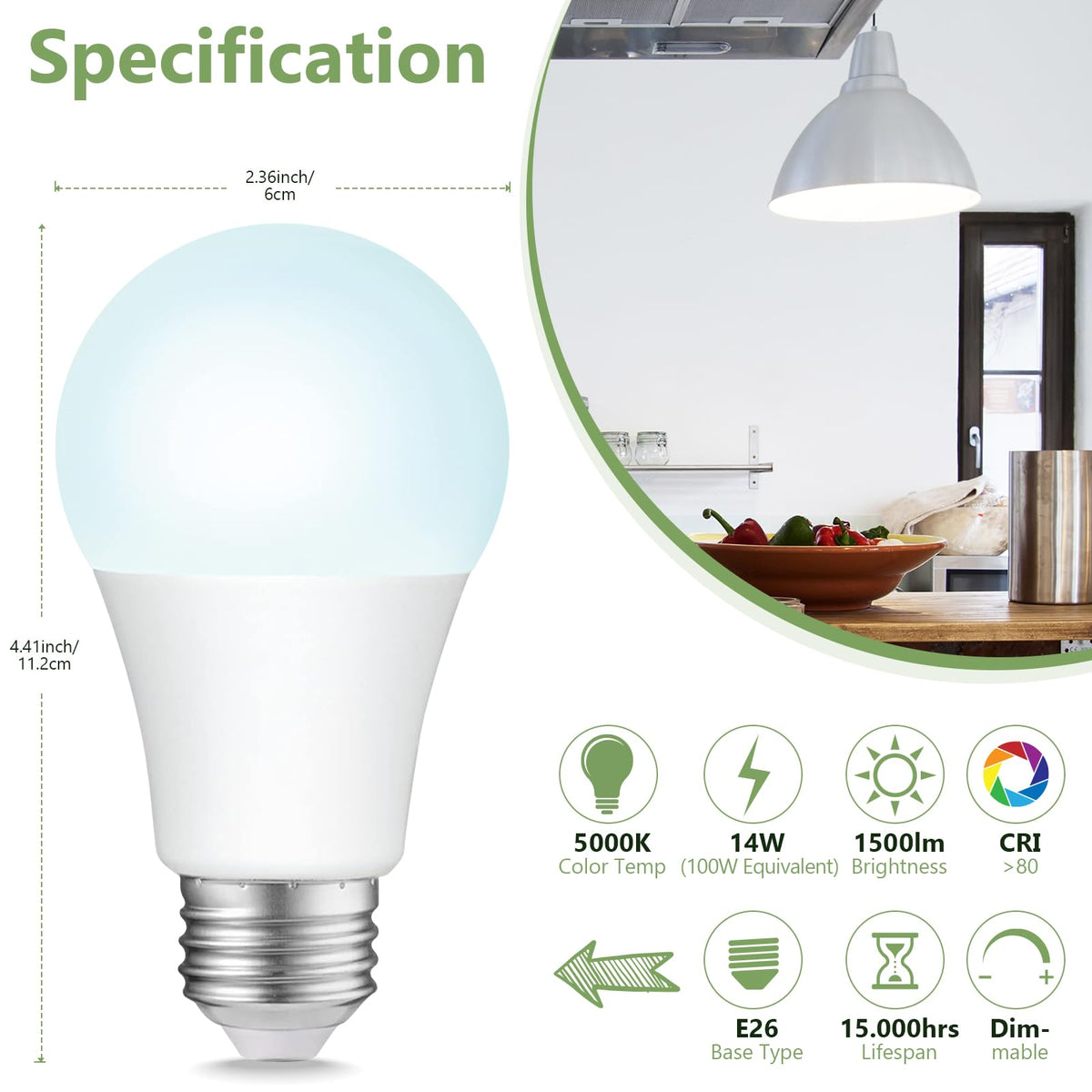 100W Equivalent LED Bulbs, Daylight 5000K 1500LM, Dimmable E26 Base LED Light Bulbs, Energy Efficient 14W, 15000 Hour Lifespan for Home Lighting, 16 Pack image 2