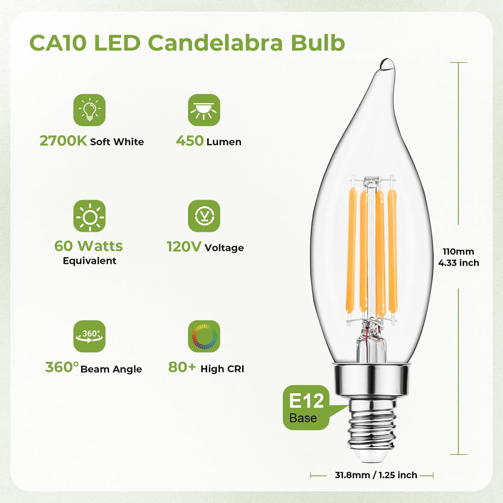 E12 Candelabra LED Light Bulbs Dimmable, 60W Equivalent LED Chandelier Light Bulbs 4.5W Soft White 2700K 500LM CA10 Flame Tip Vintage LED Filament Candle Bulb with Decorative Candelabra Base, 6 Packs image 2
