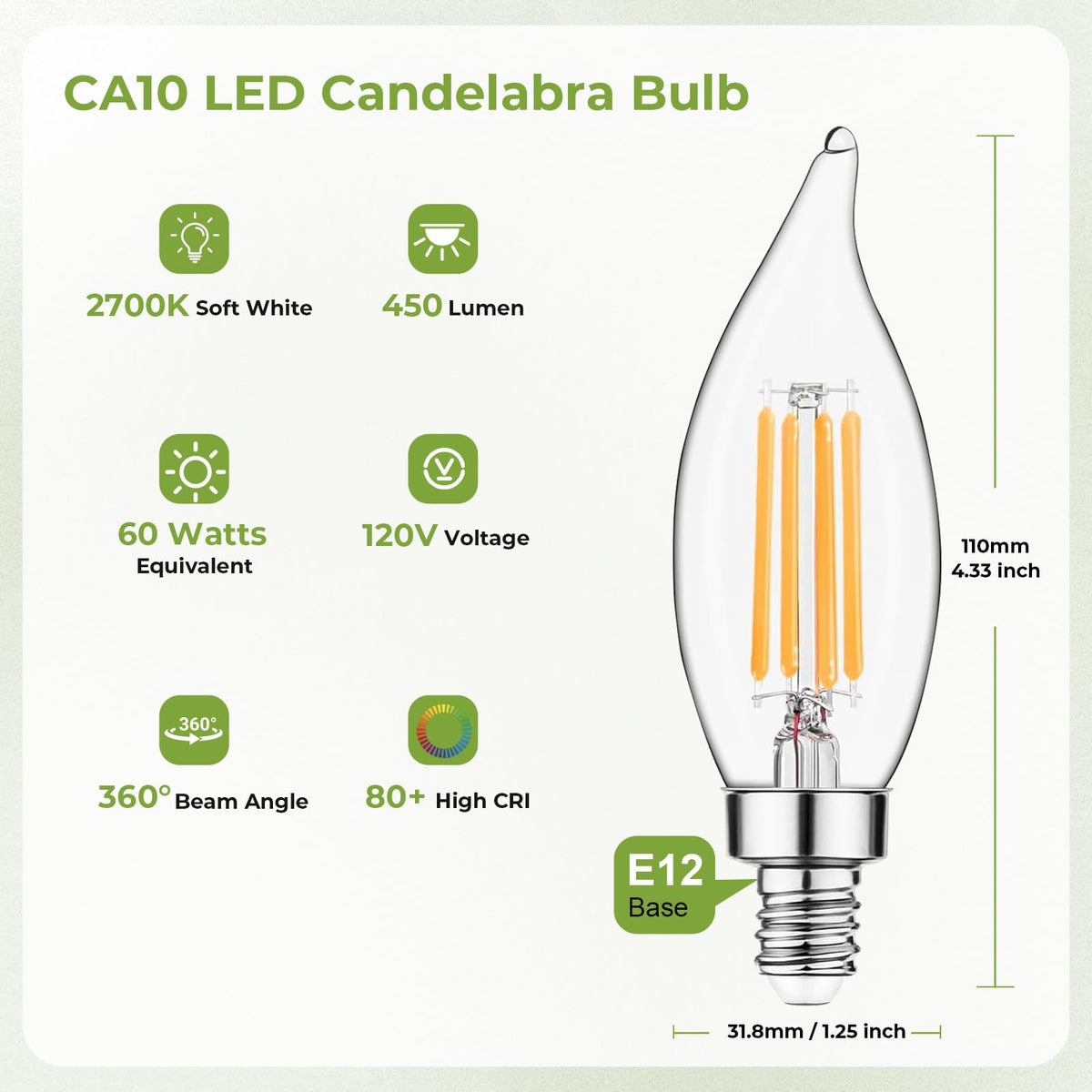 E12 Candelabra LED Light Bulbs Dimmable, 60W Equivalent LED Chandelier Light Bulbs 4.5W Soft White 2700K 500LM CA10 Flame Tip Vintage LED Filament Candle Bulb with Decorative Candelabra Base, 6 Packs image 2