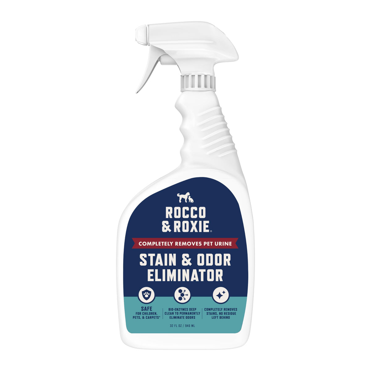 32 fl oz bottle of Rocco & Roxie Enzyme Stain & Odor Eliminator with label
