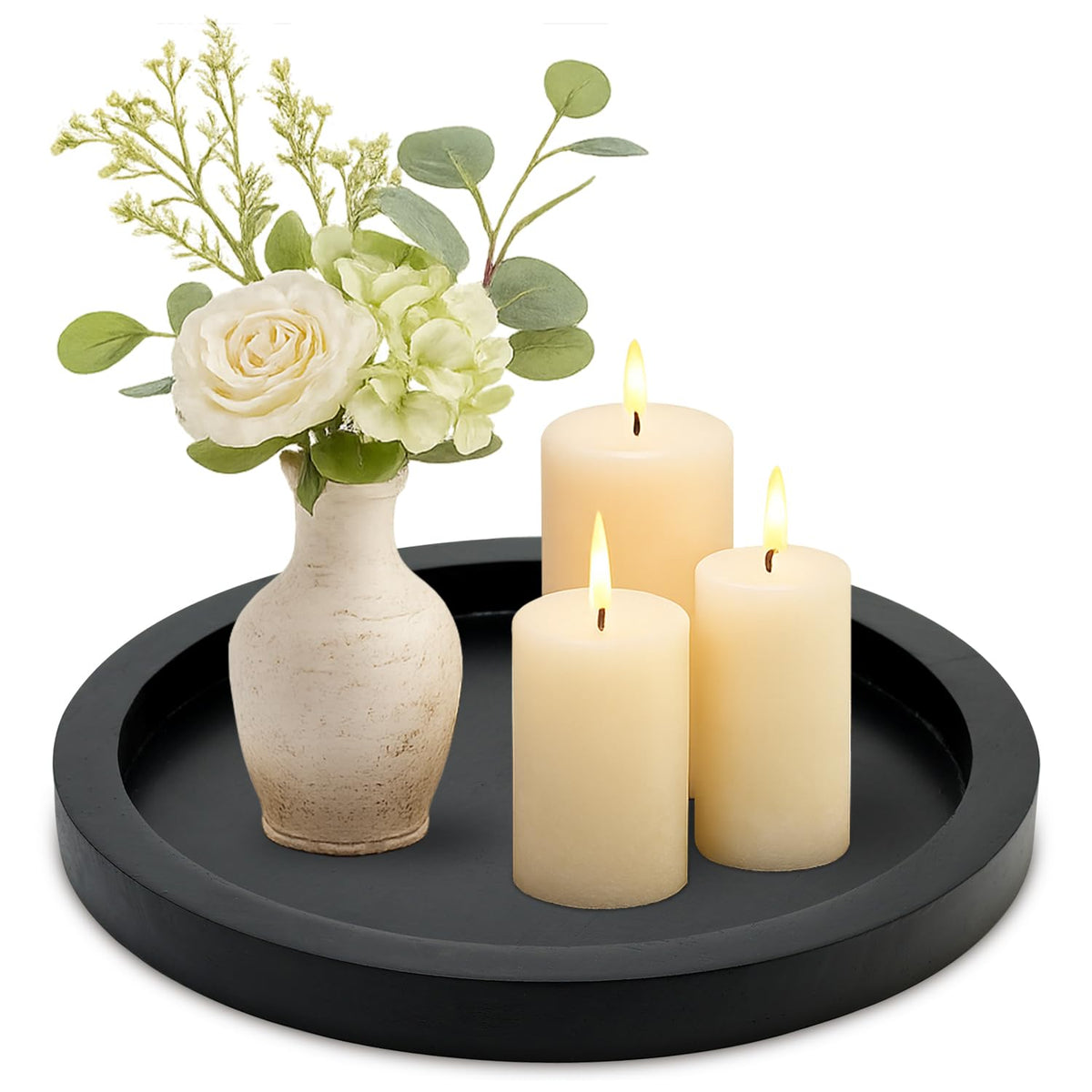 Ayiaren round black wooden decorative tray on a coffee table
