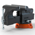 VEVOR 6-inch ductile iron bench vise mounted on workbench, showing jaws swivel base