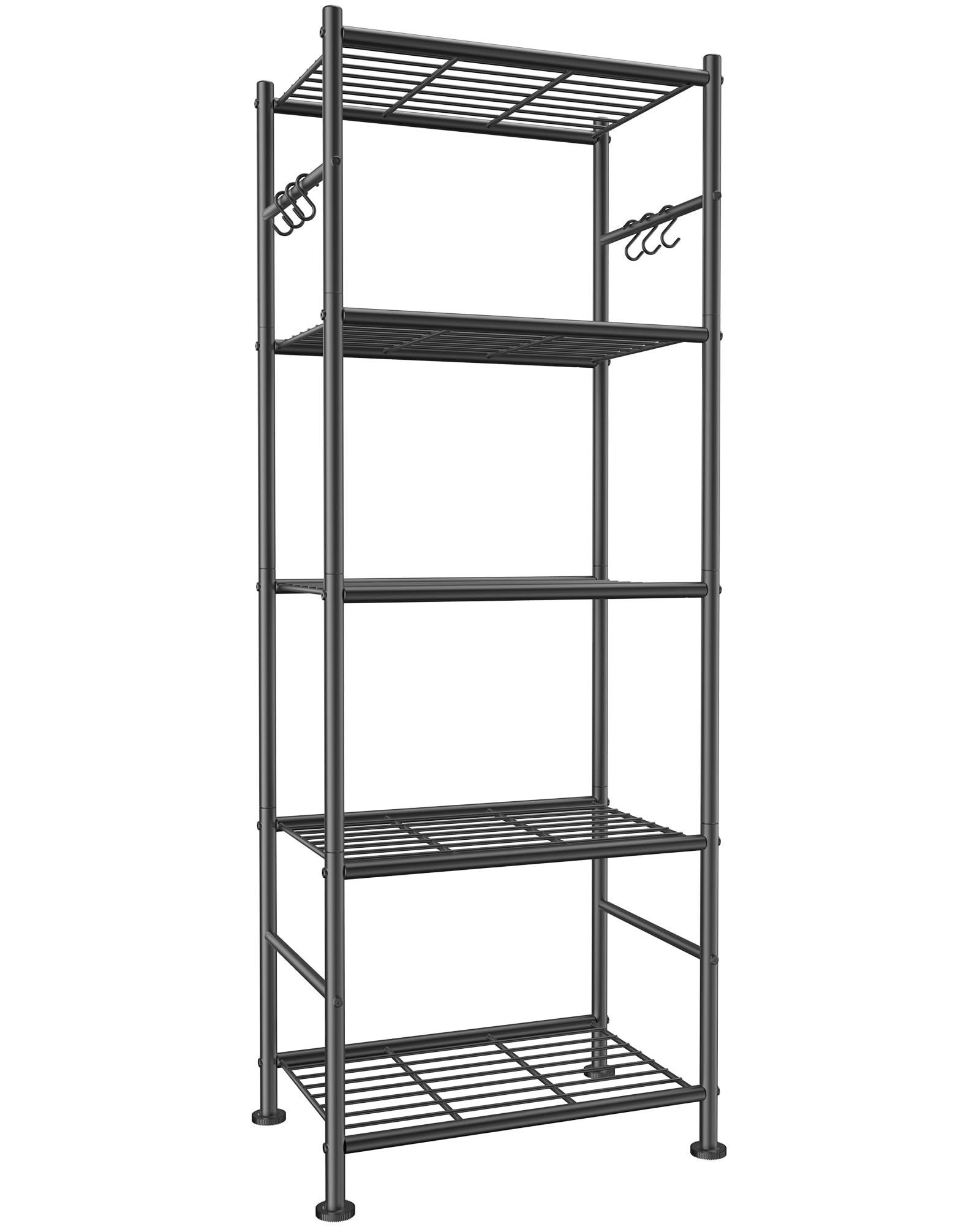 Black Sakugi five-tier metal storage rack with hooks and leveling feet
