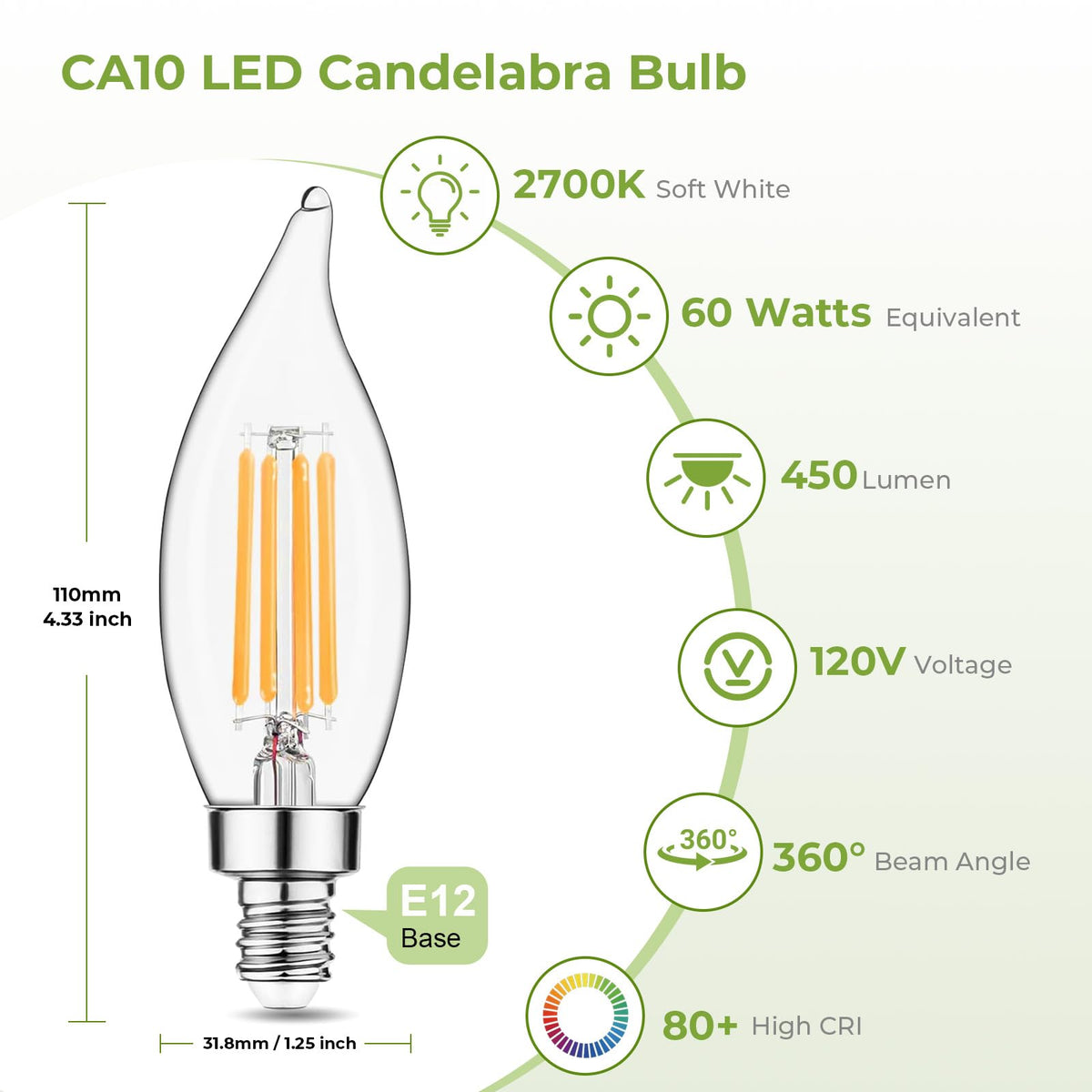 Sigalux E12 LED Bulb Dimmable, 60 Watt Equivalent Candelabra Bulb 2700K Soft White, Chandelier Light Bulbs, CA10 Candle Bulbs for Chandelier, 5W, 450LM, 24 Pack image 2