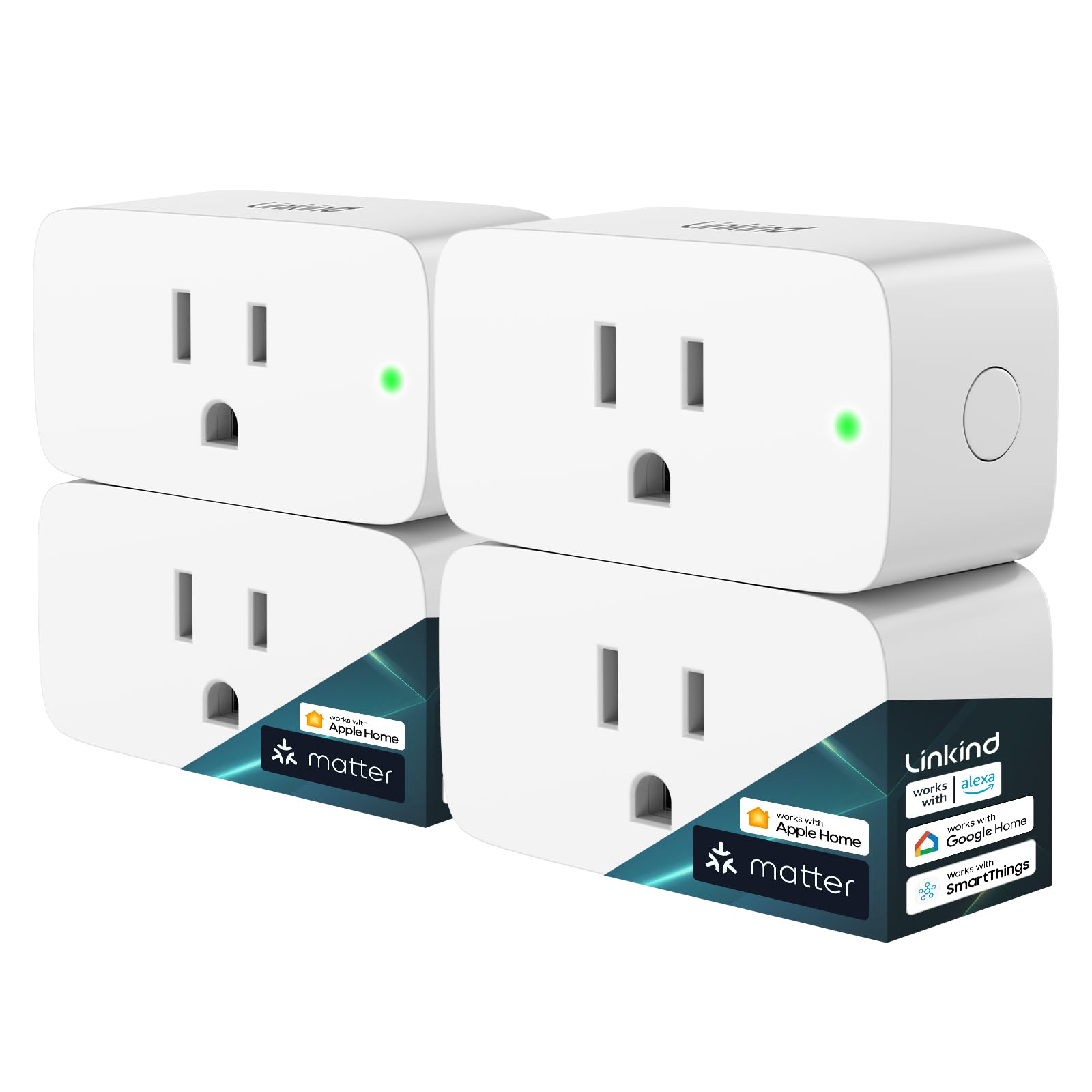 Linkind Matter smart plug white outlet adapter plugged into wall