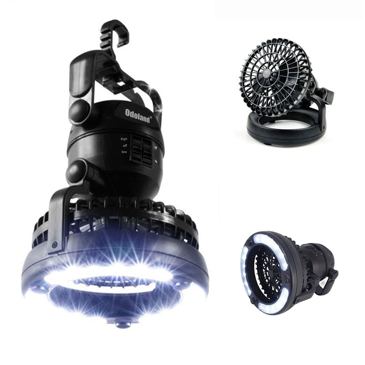 Odoland portable LED camping lantern featuring built-in fan hanging inside tent