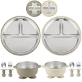 PandaEar 8-piece tan/walnut baby suction plates, bowls, silicone fork, spoon on table