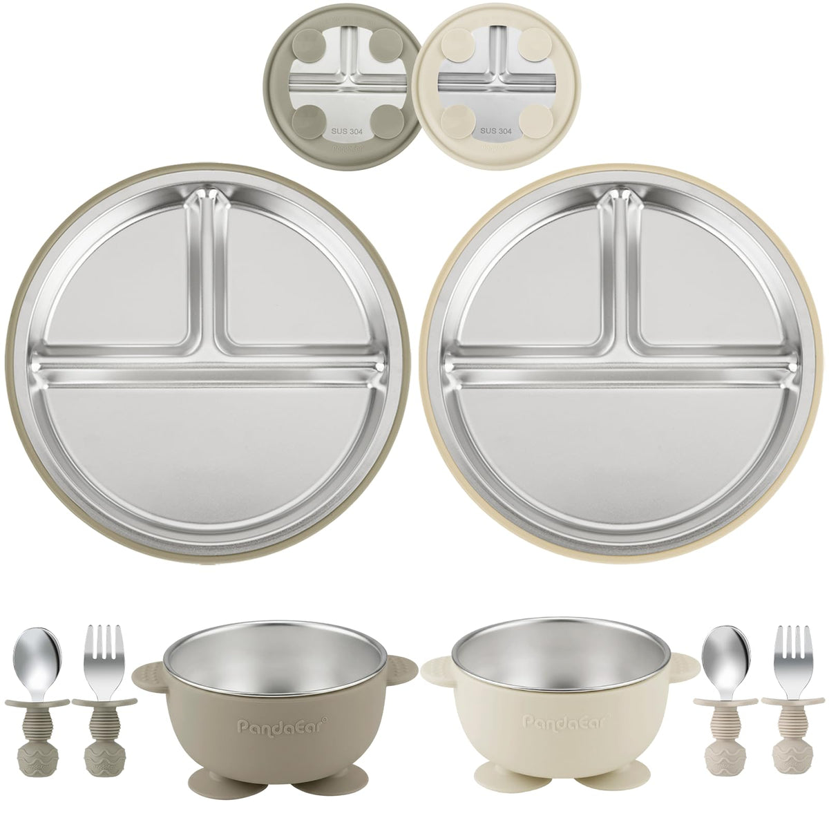 PandaEar 8-piece tan/walnut baby suction plates, bowls, silicone fork, spoon on table