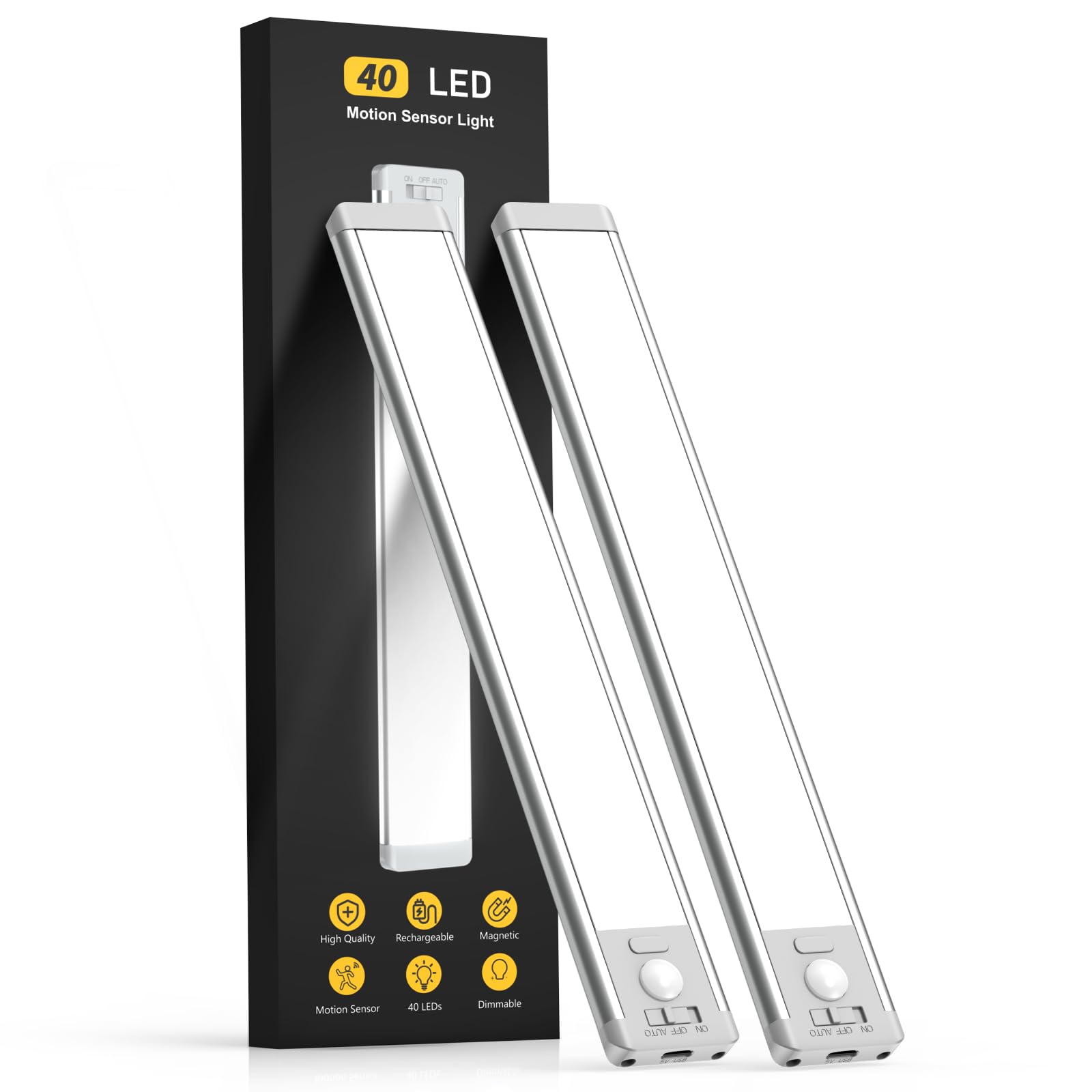 Two MCGOR 10-inch rechargeable motion sensor LED under-cabinet lights mounted under a kitchen cabinet