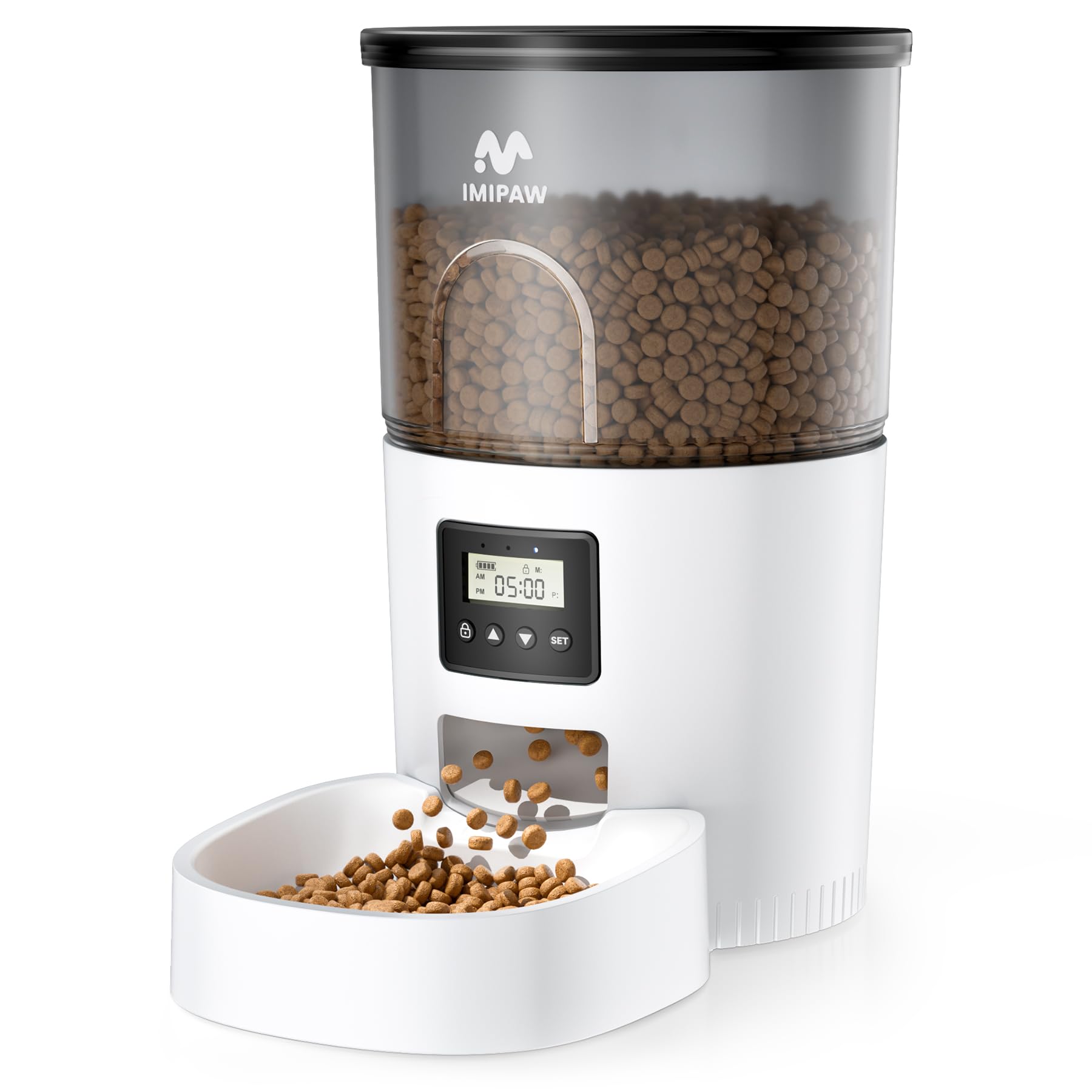 White IMIPAW automatic cat feeder, hopper, LCD control panel, dispensing tray