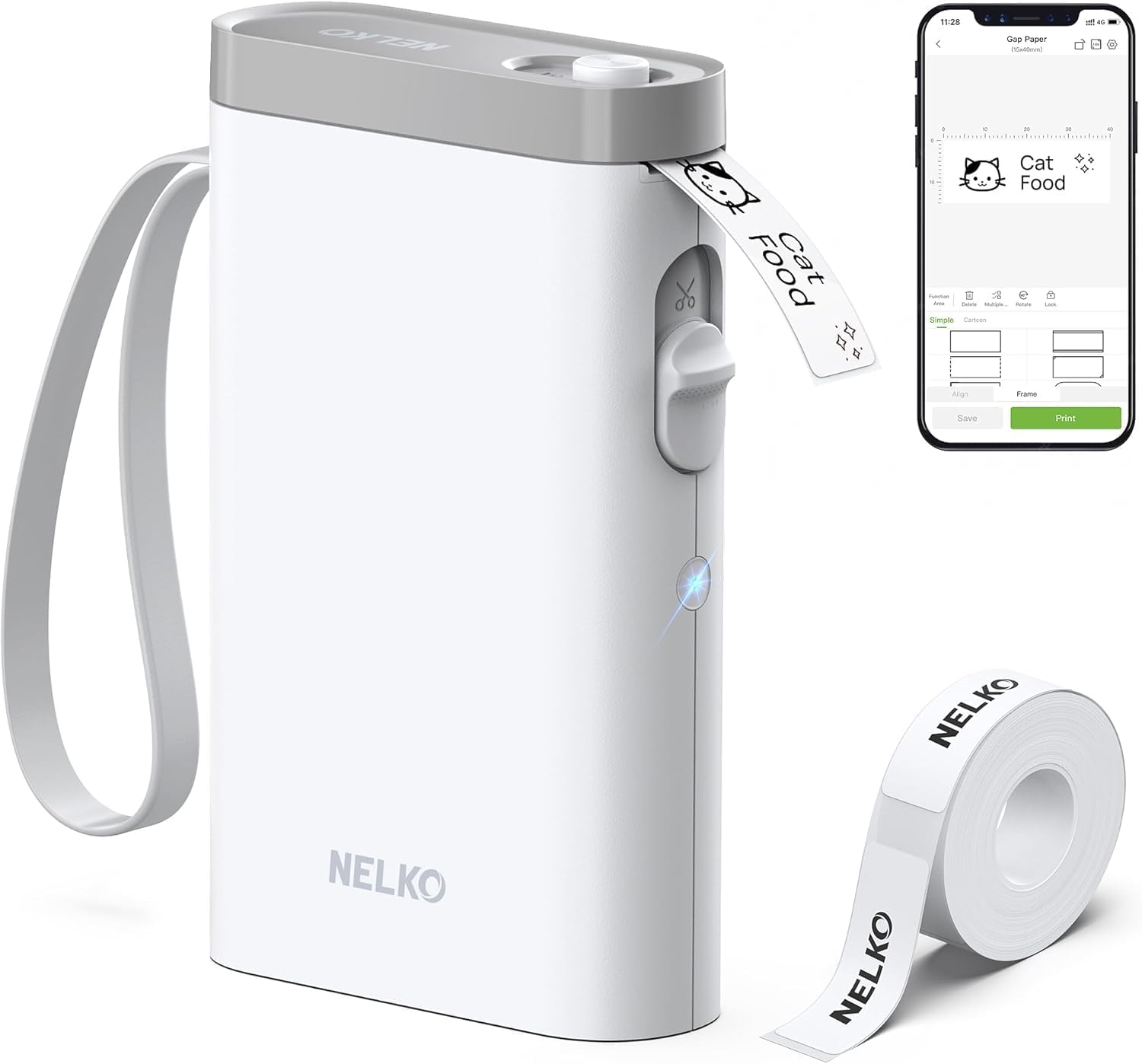 White Nelko P21 Bluetooth label maker with tape cartridge