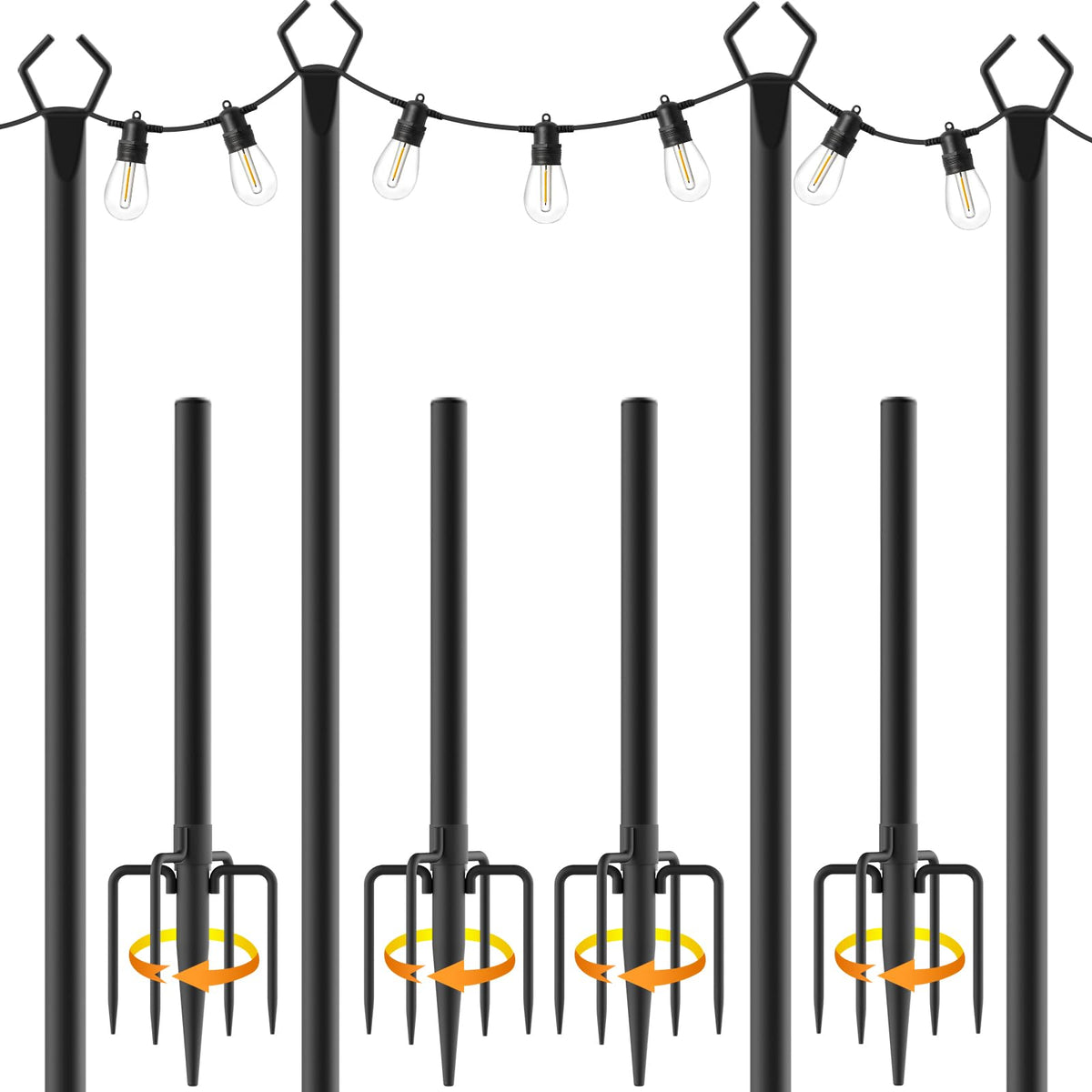 Four 10ft metal string light poles with fence brackets installed on a backyard patio