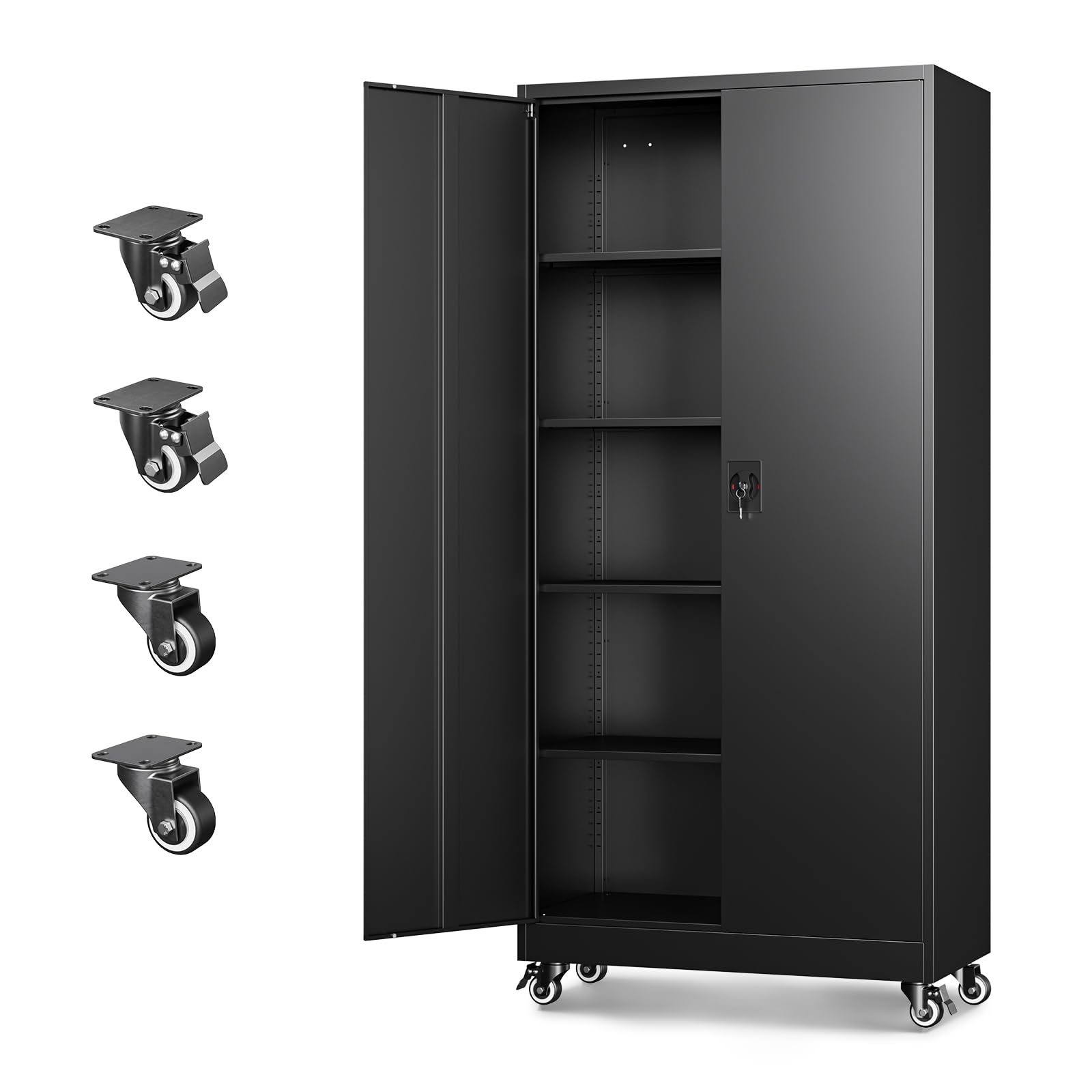 Black Letaya metal garage storage cabinet on wheels, lockable doors, adjustable shelves, 75-inch tall