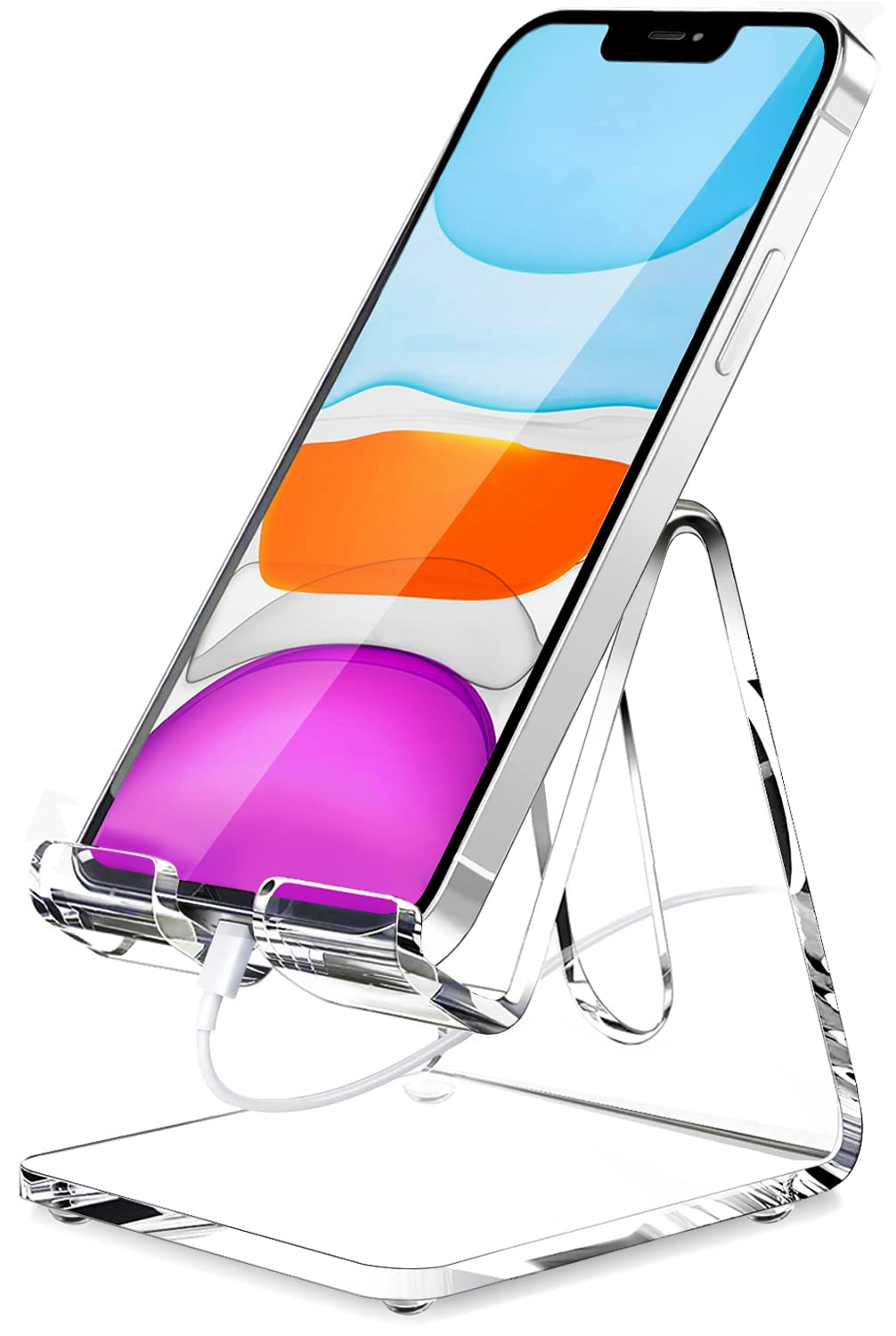 Clear acrylic phone stand on desk holding a smartphone