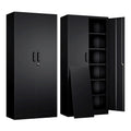 Black Yizosh metal garage storage cabinet, two doors, five adjustable shelves