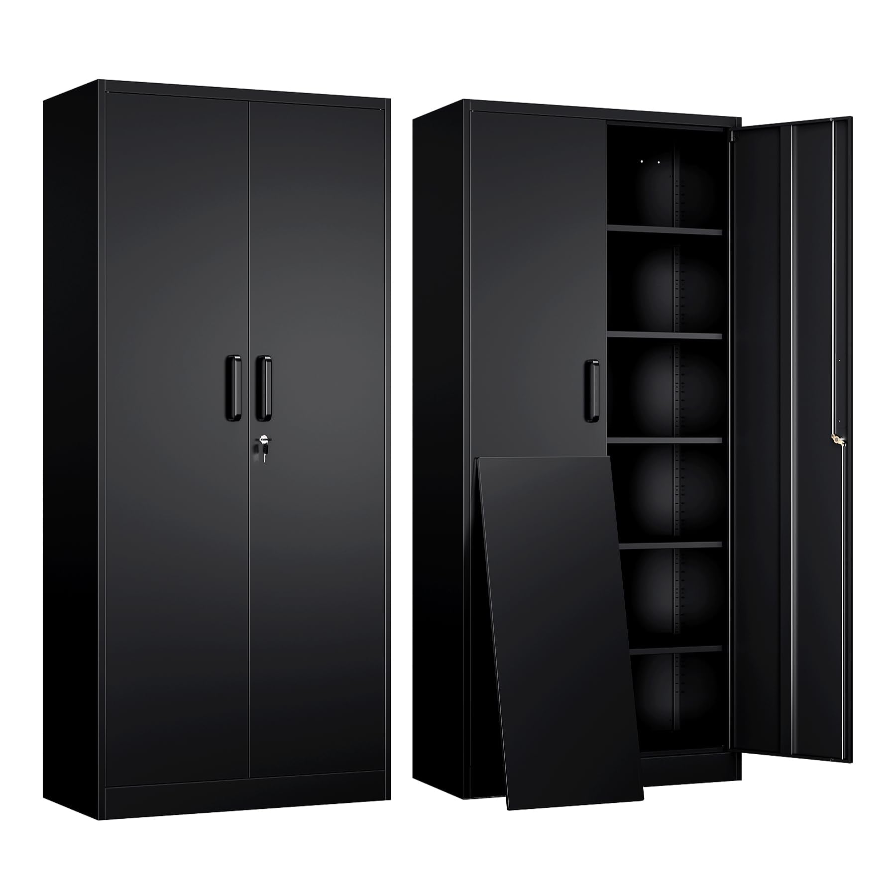 Black Yizosh metal garage storage cabinet, two doors, five adjustable shelves