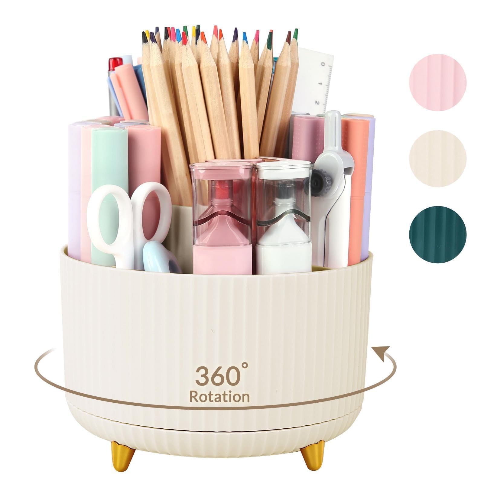 SKYDUE 360-degree rotating plastic pen organizer showing five slots on a desk