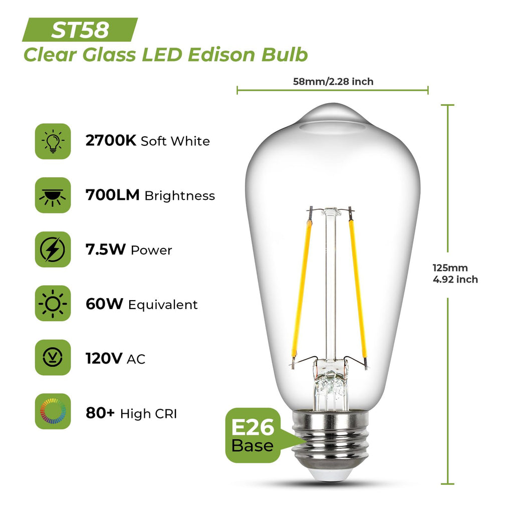 Sigalux LED Edison Bulb 60 watt Equivalent, E26 Light Bulb Dimmable, Soft White 2700K, Clear Glass ST58 Vintage Light Bulbs, 80+ CRI, 700LM, E26 Base, 12 Pack image 2