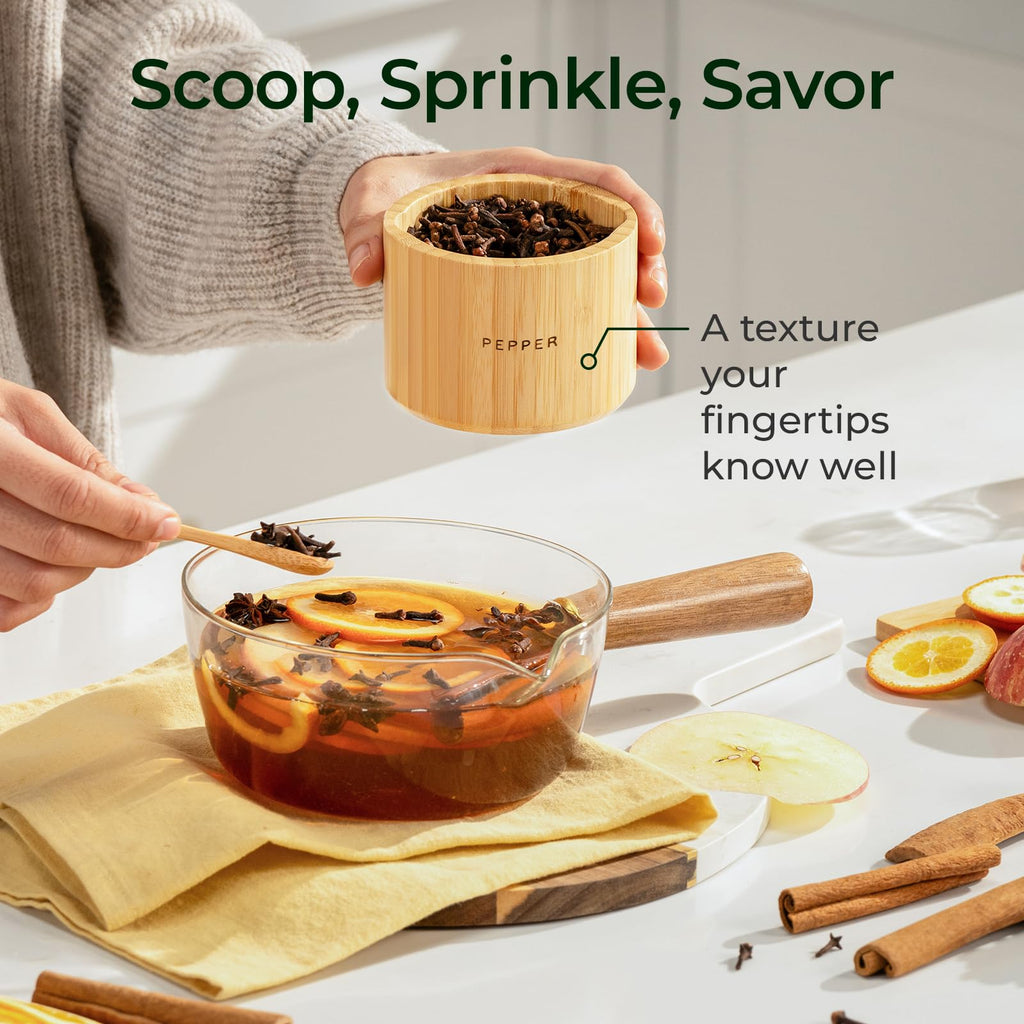 keechee Salt Cellar with Acacia Lid & Spoon, 7.7oz Capacity with Built-In Spoon Slot & Labels, Two-Tone Countertop Seasoning Container (Single Compartment - 2 Pack) image 6