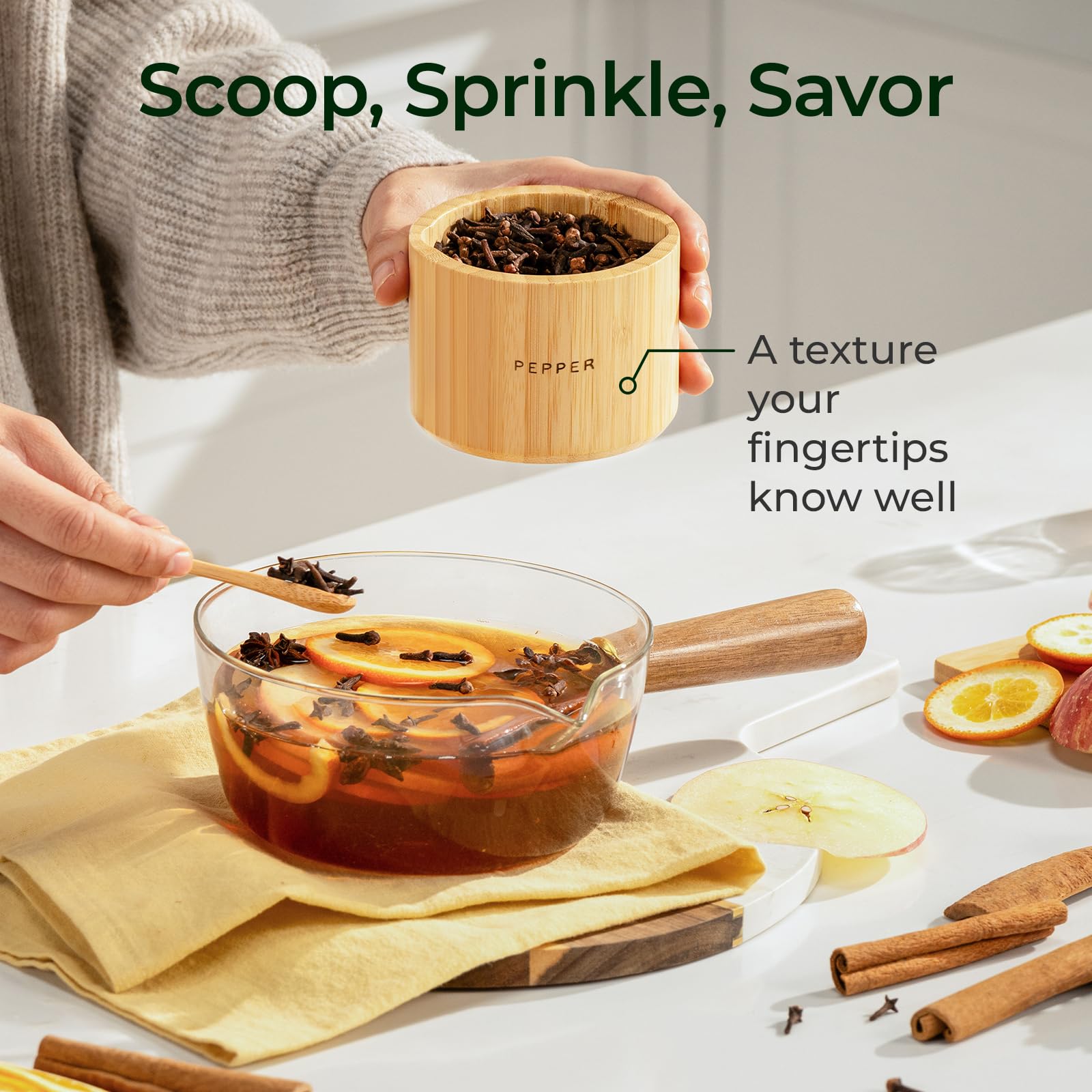 keechee Salt Cellar with Acacia Lid & Spoon, 7.7oz Capacity with Built-In Spoon Slot & Labels, Two-Tone Countertop Seasoning Container (Single Compartment - 2 Pack) image 6