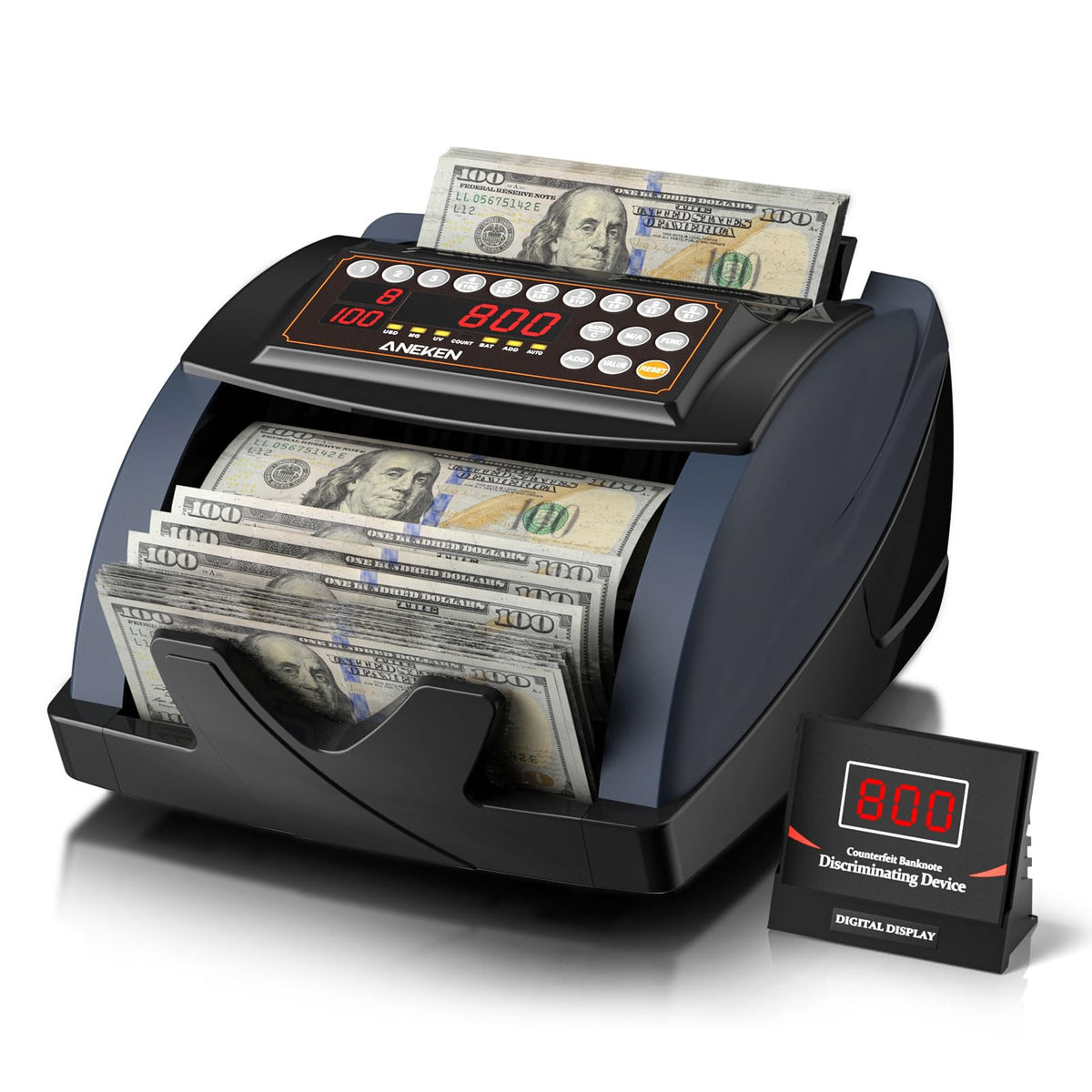 Aneken bill counter displaying counted USD and EUR banknotes