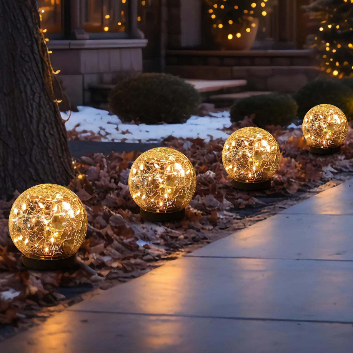 MLKNK solar globe lights illuminated waterproof garden orbs on lawn at dusk