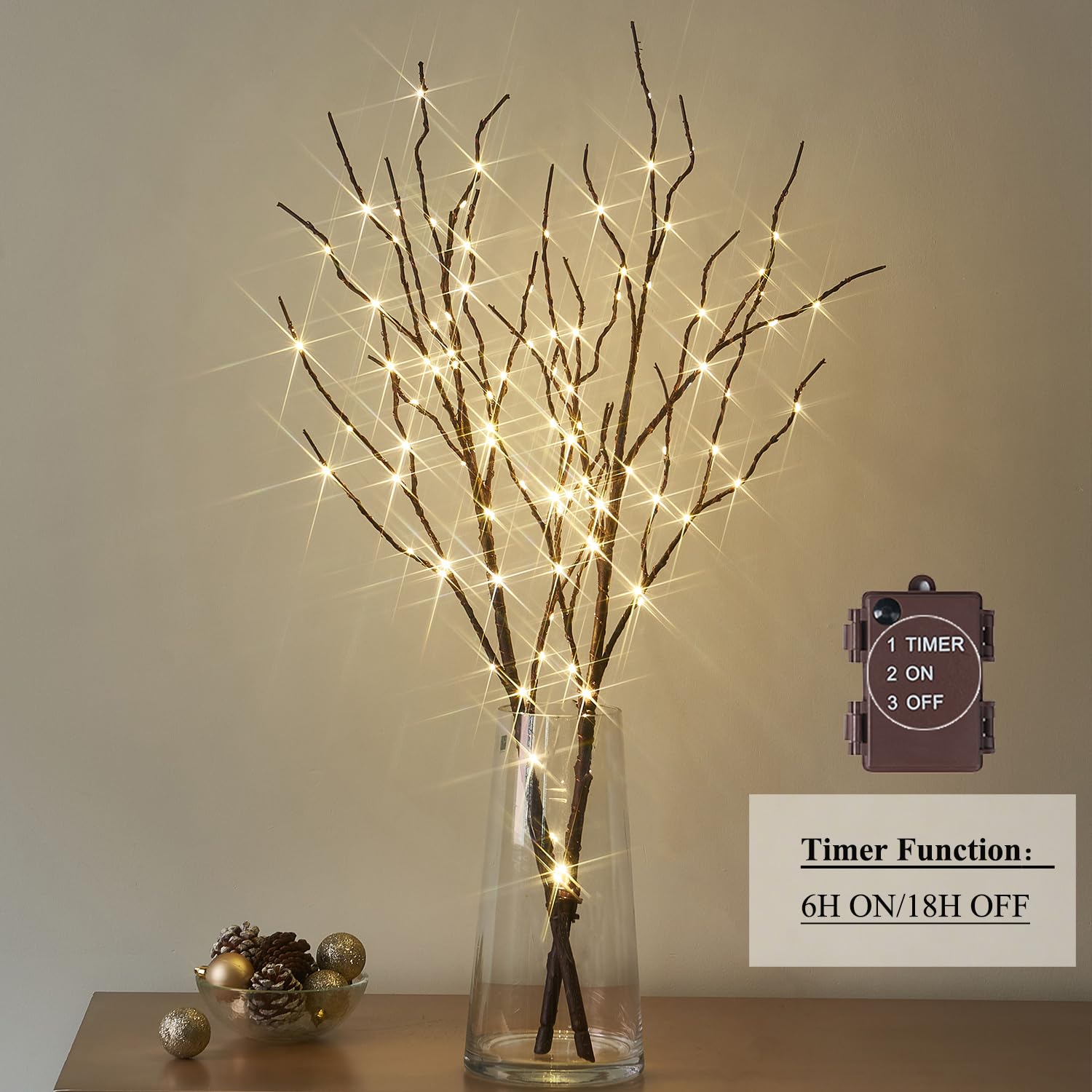 Hairui Lighted Brown Branches Battery Operated with Timer 32IN 100 LED Fairy Lights, Willow Branch Lights for Home Bedroom Fireplace Christmas Holiday Decoration Indoor Outdoor Use (Vase Excluded) image 3