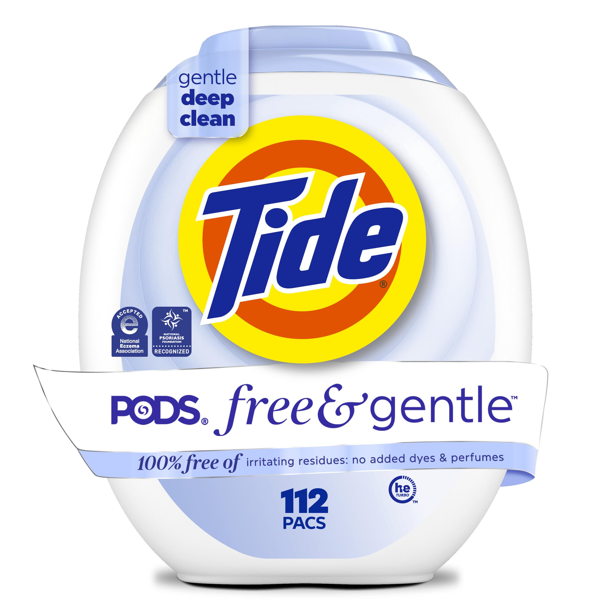 Box of Tide PODS Free & Gentle laundry detergent pacs, 112 count