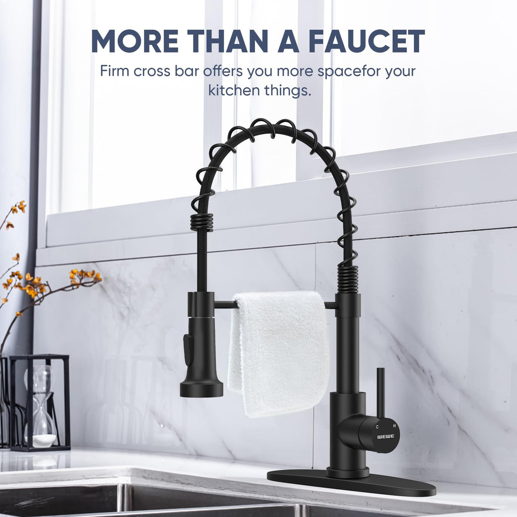 WEWE Black Kitchen Faucet with Pull Down Sprayer, High Arc Bar Sink Faucet image 7