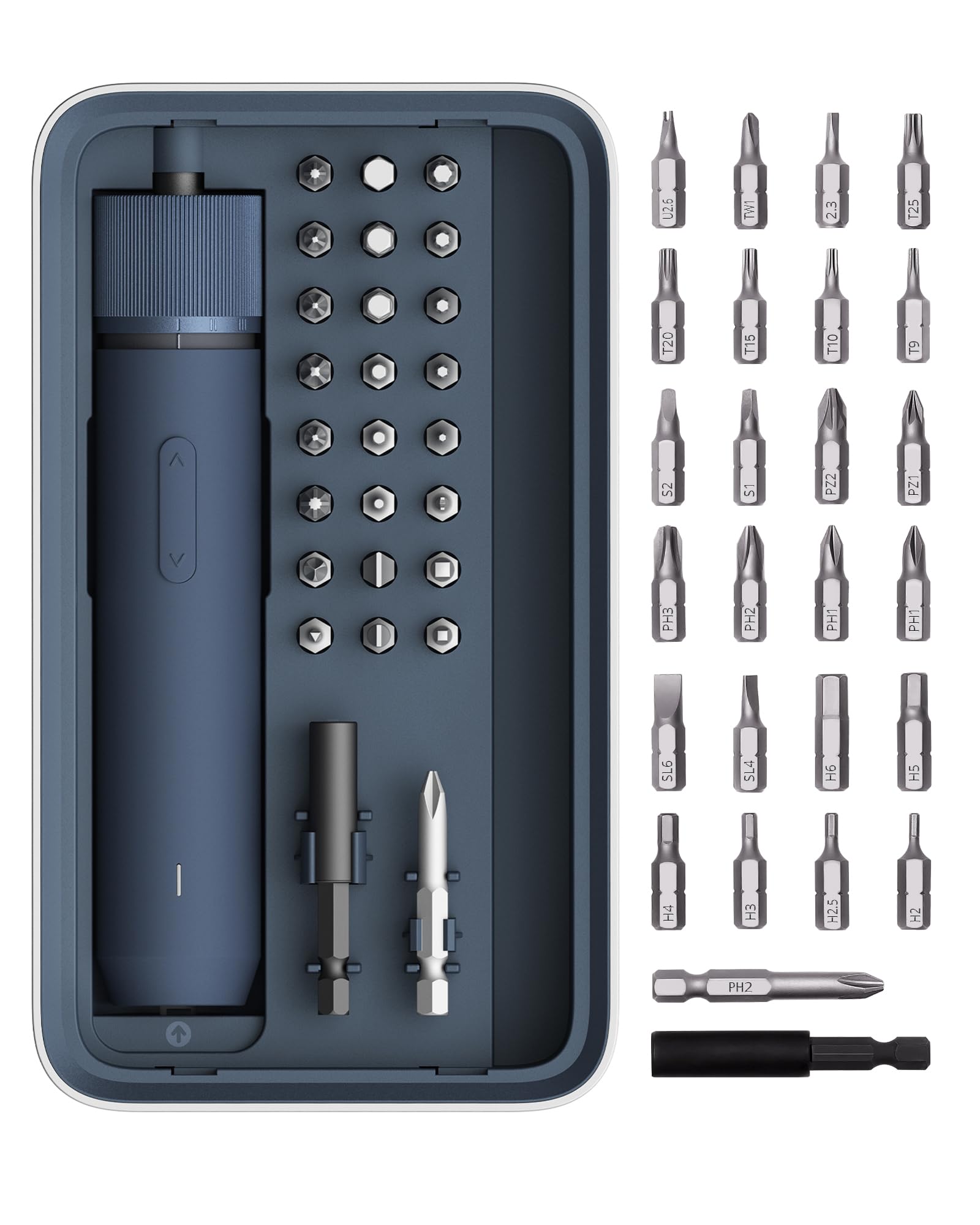 HOTO 25-piece cordless electric screwdriver kit showing driver, bits, and charging dock