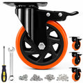 Four orange 5-inch heavy-duty caster wheels with dual brake