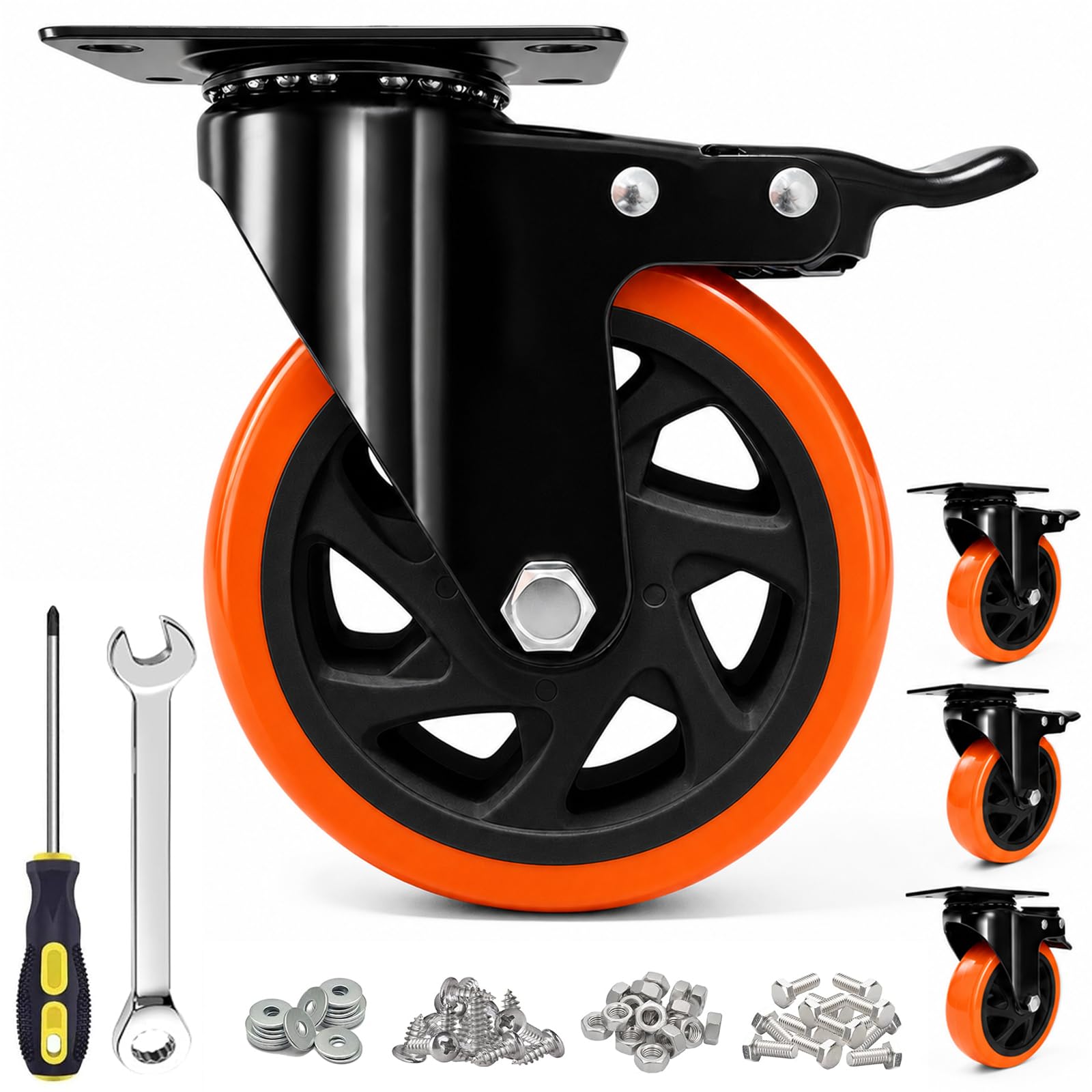 Four orange 5-inch heavy-duty caster wheels with dual brake